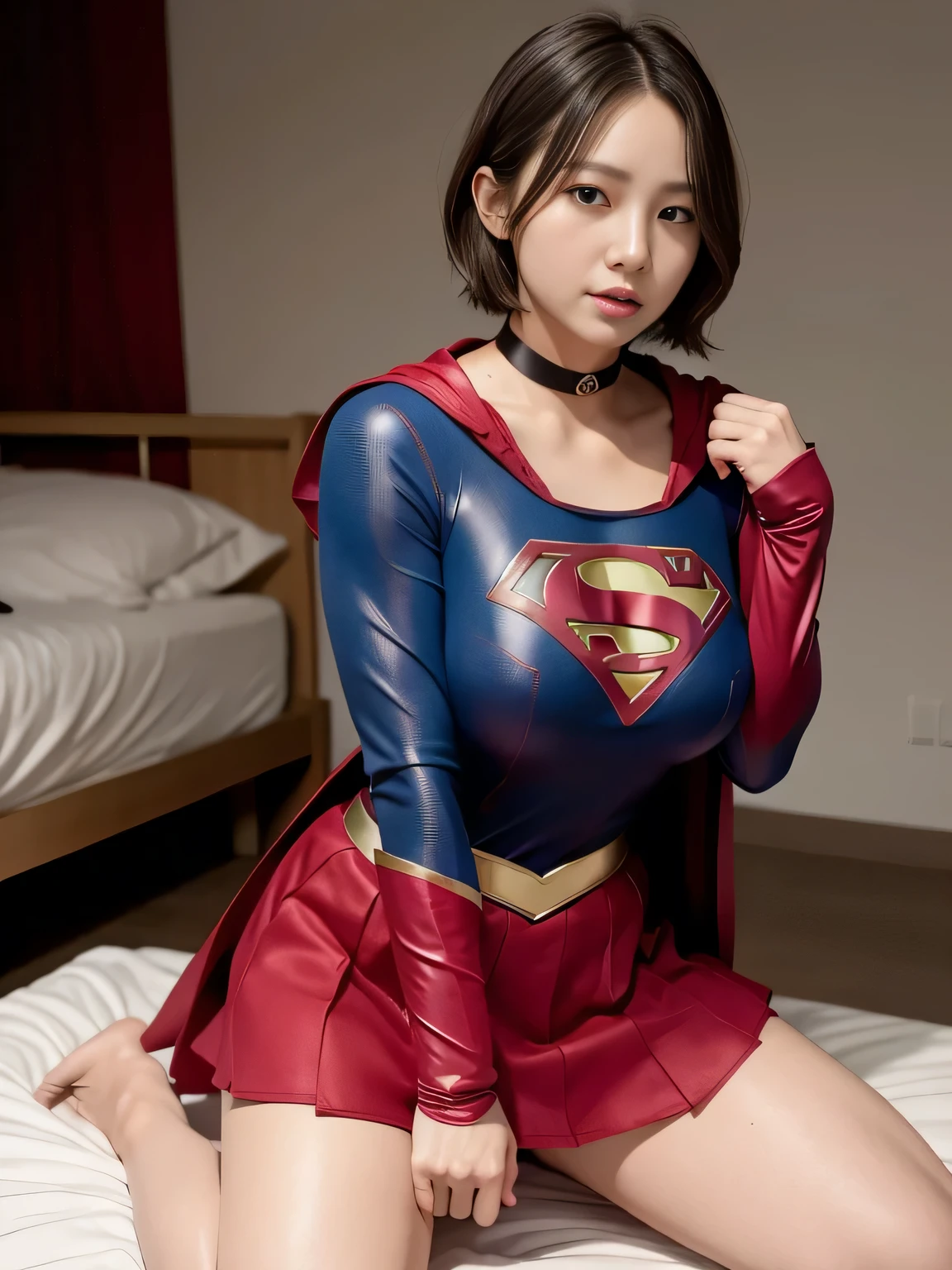 master piece,Supergirl costumes, short hair, barefoot, big and full breasts,operating room、operating table、straddle、corrupted、shiny、look at the camera、choker、long sleeve、red mini skirt