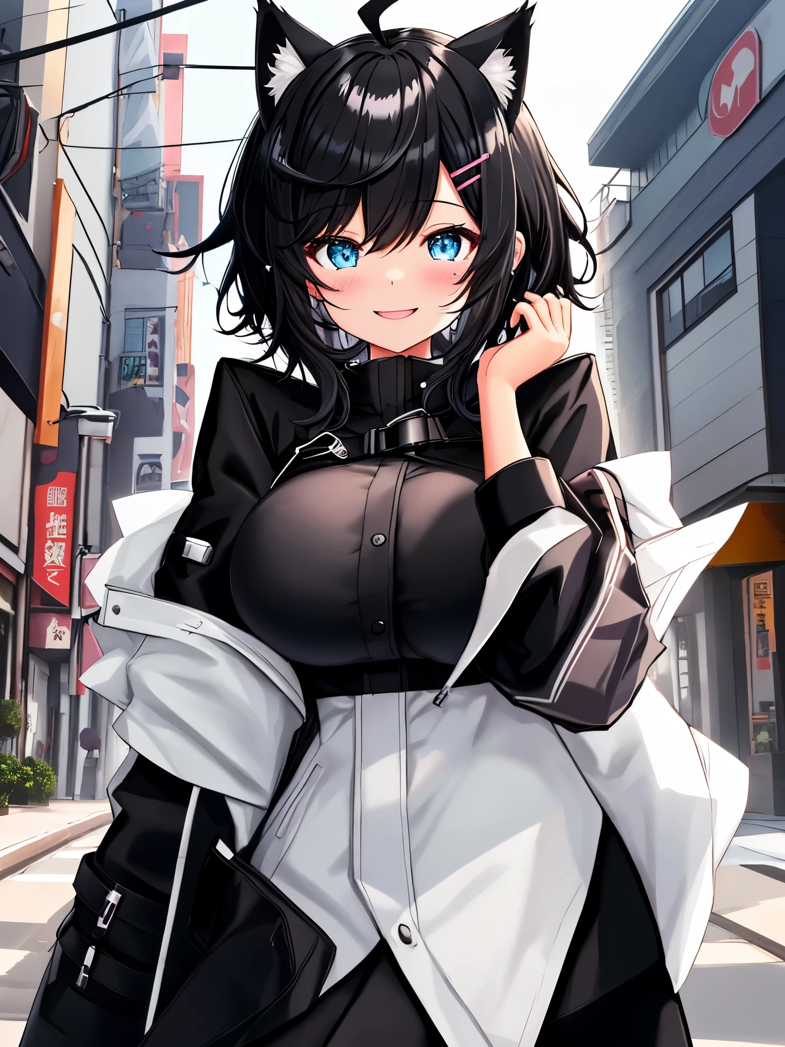 , looking at the viewer, walk around town、1 girl, open your mouth, smile, Virtual YouTuber、with a girl、((highest quality, expensive_solve, clear_image)),(black hair), (black cat ears), (Ahoge), (ridiculously short hair), (wavy hair), (blue eyes),、laughter、very big breasts、private server、wore a black coat