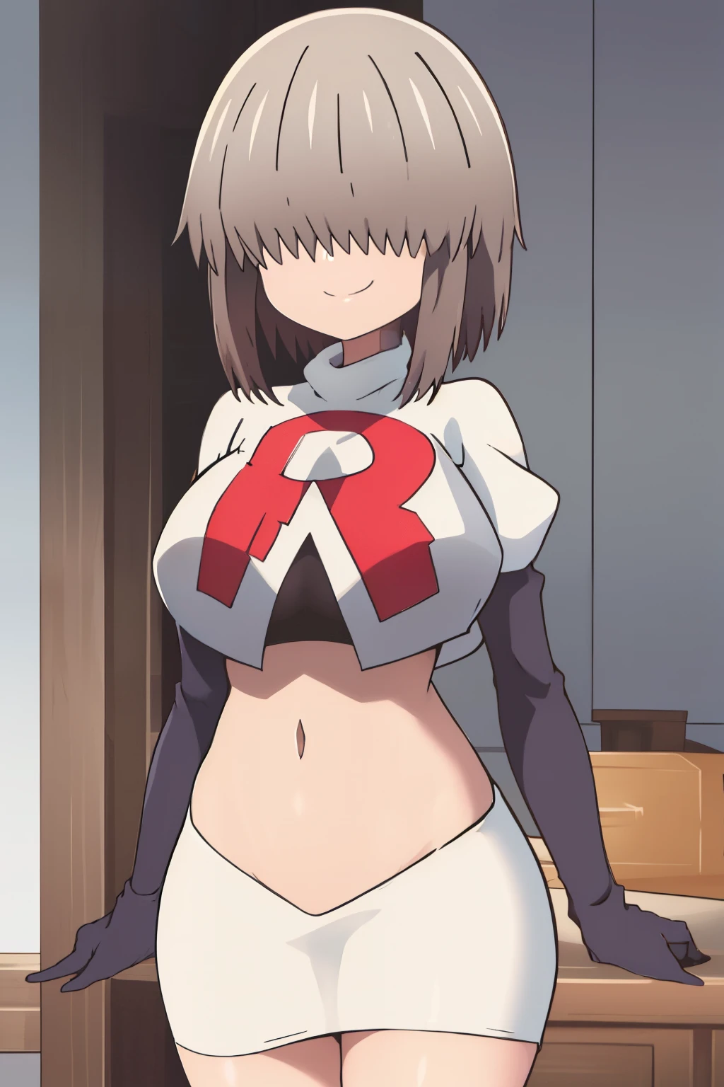 1girl, solo, smile, yanagi, short hair, bangs, shirt, grey hair, hair over eyes, long bangs, covered eyes, cowboy shot, large breasts, looking at viewer, team rocket,team rocket uniform,white skirt,crop top,black thigh-highs,black elbow gloves,