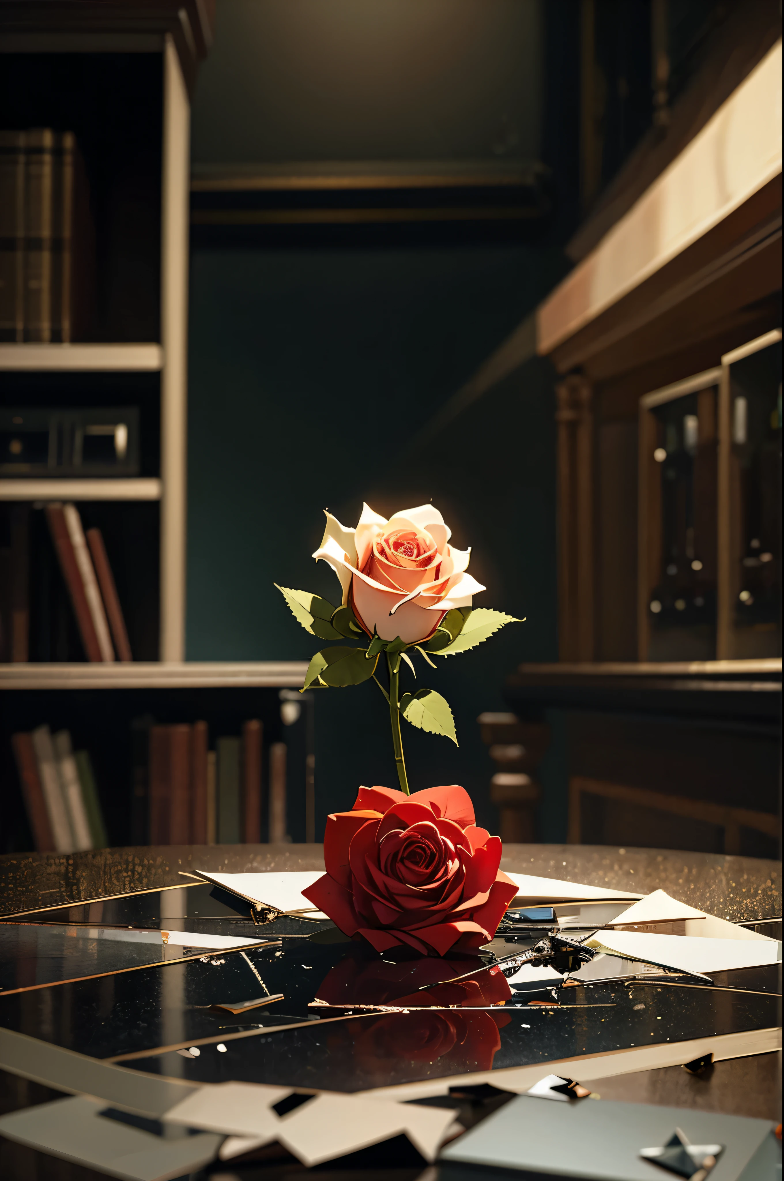 a rose being placed on broken glass on a table, gloomy, dark academia atmosphere.