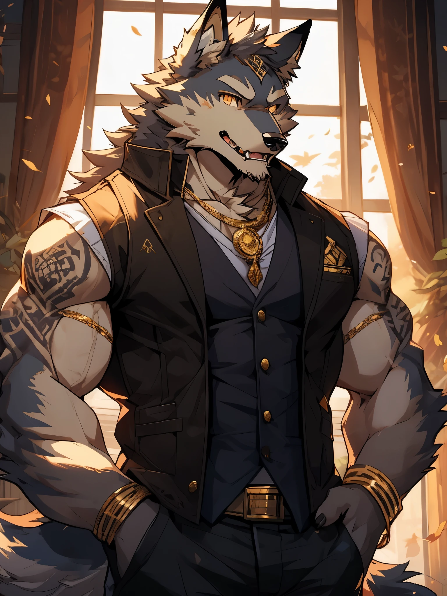 Wolf,Golden pupils,Sexy,Vest,gold tattoo,Clothes half open,slutty expression,fangs,autumn