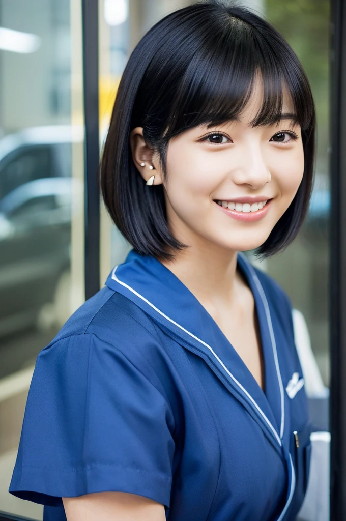 Japan woman at 22 years old、Her hair is bob cut and black.、He was smiling and wearing blue Midori Anzen work clothes.、I have a hearing aid in my hand