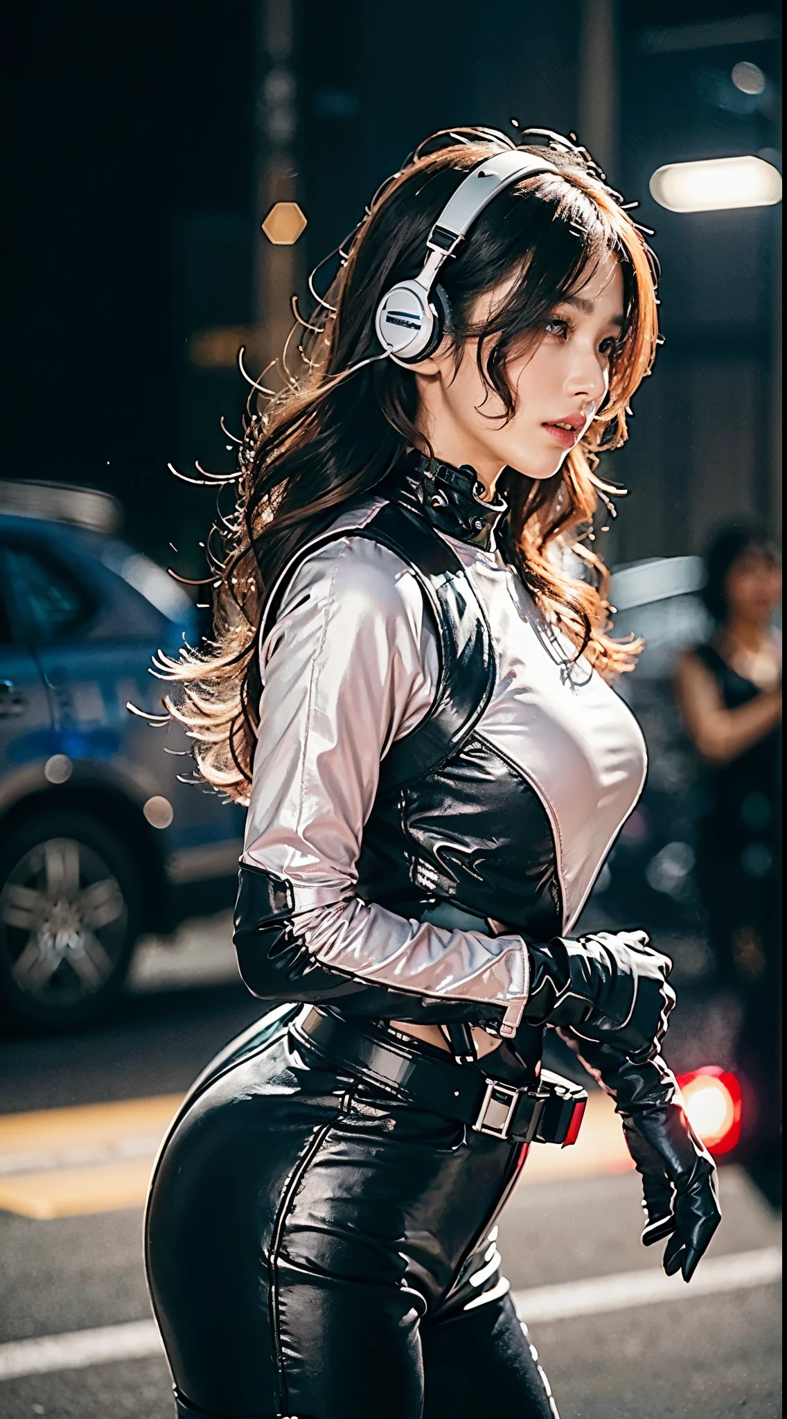 Top Quality, Ultra High Definition, (backlight), (Photorealistic: 1.4), (front shot:1), 1 Beautiful Girl, (Kpop Idol), Detailed Face, (Hair Style: Pink:1, fullbang,  wavy-hairstyle:1), Contrapposto, Perfect ???????, muscular and plump:0.5, wavy hair, Professional Lighting, ((wearing Futuristic Police Racing Suits, police wappen, High-tech Headset, military harness, racing gloves, handgun)), outside honey wavy hairstyle, ("POLICE", Cloths colors based on silver pink black white), (background, crashed abandoned machines, smokes,