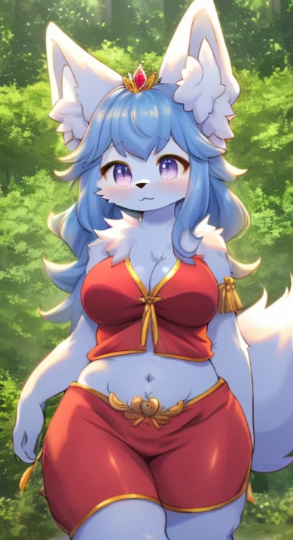 cute,,fur body, whole body, fox,light blue hair,蓝色fox尾巴,Blue ears,white skin,shy,Princess Crown,navel-baring outfit, Features, masterpiece, furry tail, current, shy的表情,(background:pink crystal palace),best quality, 4K, Full HD, mind,Big blue fox ears,Female body with big breasts,Royal ornaments,Red Lingeri,ager,娇小cute,shy,wide hips,full,cleavage,blush,Red clothing,Show belly,shy,Detailed abdomen