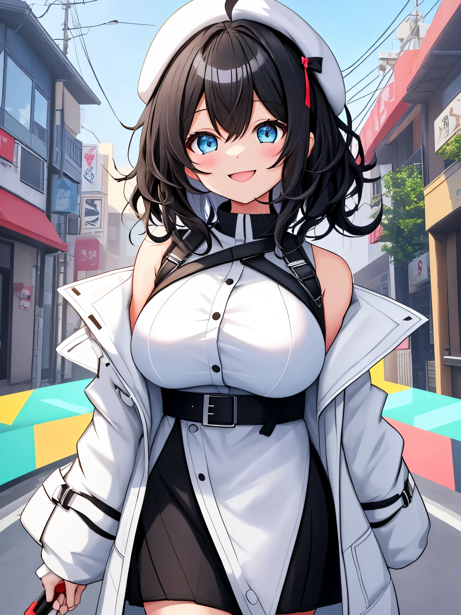 , looking at the viewer, walk around town、1 girl, open your mouth, smile, Virtual YouTuber、with a girl、((highest quality, expensive_solve, clear_image)),(black hair),  (Ahoge), (ridiculously short hair), (wavy hair), (blue eyes),、laughter、very big breasts、wore a coat、Wearing a beret