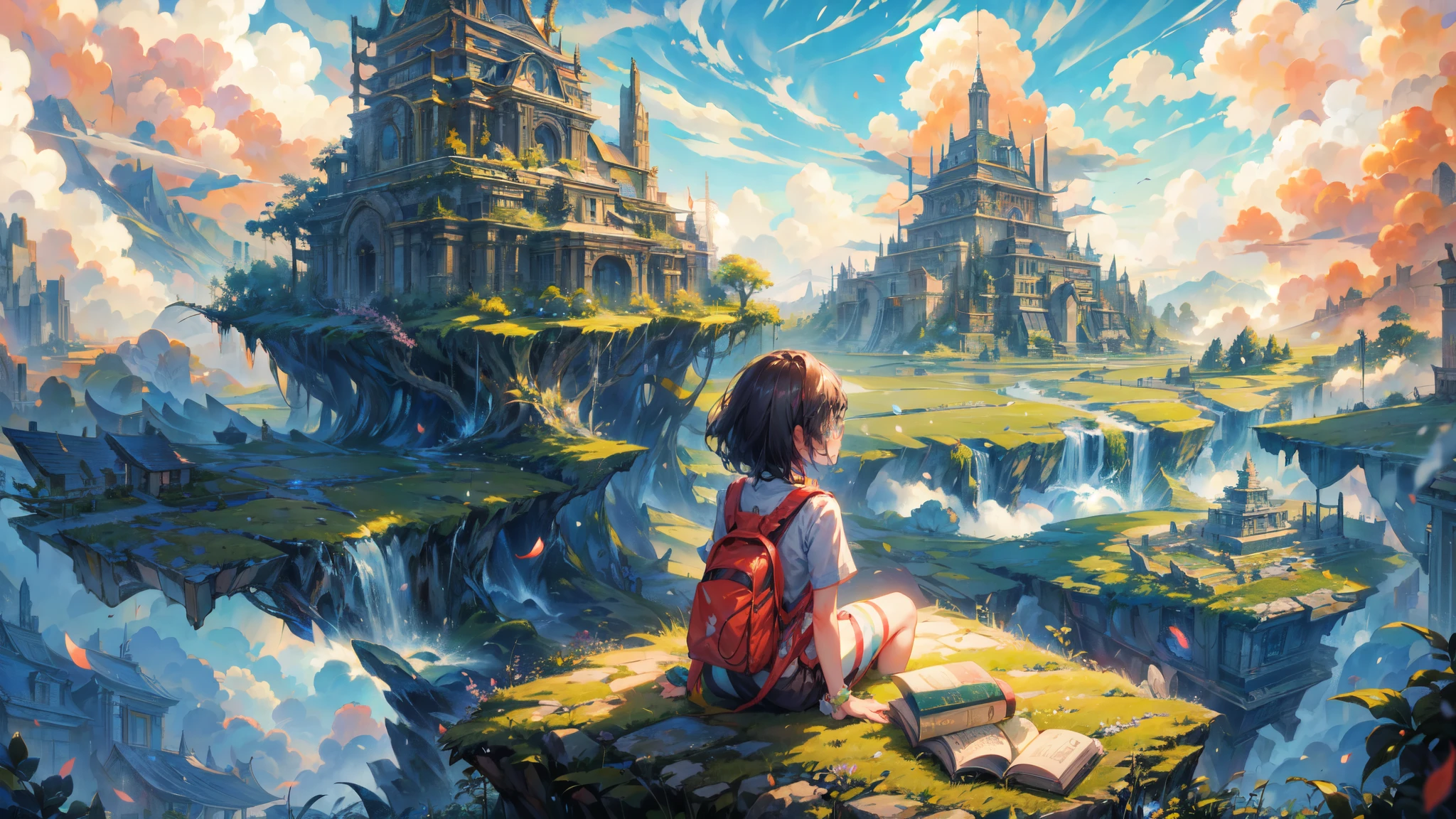 shinkai Mokoto and Ghibli anime style, from behind,above the cloud,a girl in adventure outfit sitting on a mossy stage looking at the majestic lost city and the giant world tree next to it, lost city above the cloud and towering sky, magical glowing partical, vibrant dreamy colorful sky and fluffy clouds, books, apple, glasses, calm,petal,wind blowing hair,sun shine