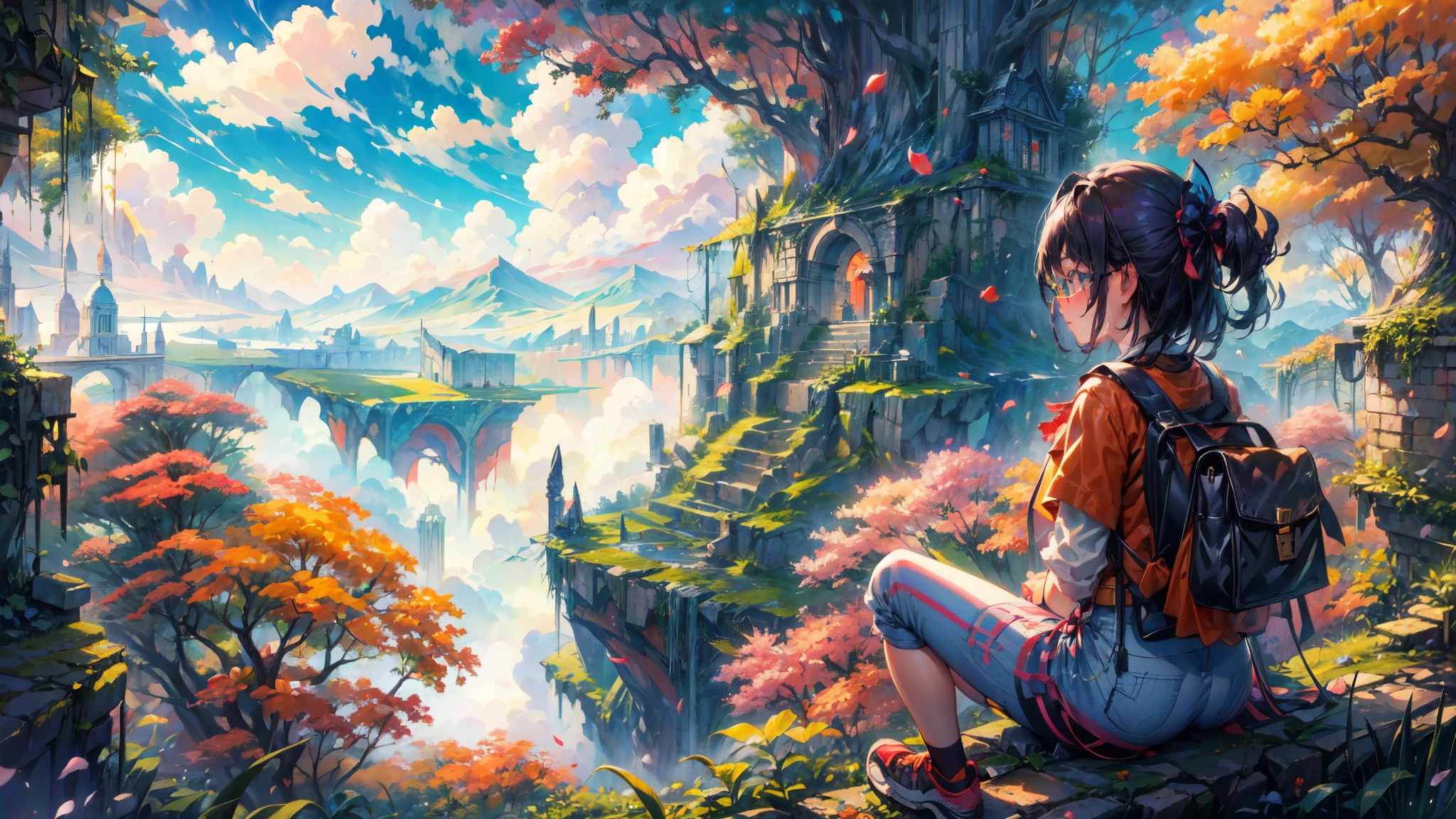 shinkai Mokoto and Ghibli anime style, from behind,above the cloud,a girl in adventure outfit sitting on a mossy stage looking at the majestic lost city and the giant world tree next to it, lost city above the cloud and towering sky, magical glowing partical, vibrant dreamy colorful sky and fluffy clouds, books, apple, glasses, calm,petal,wind blowing hair,sun shine