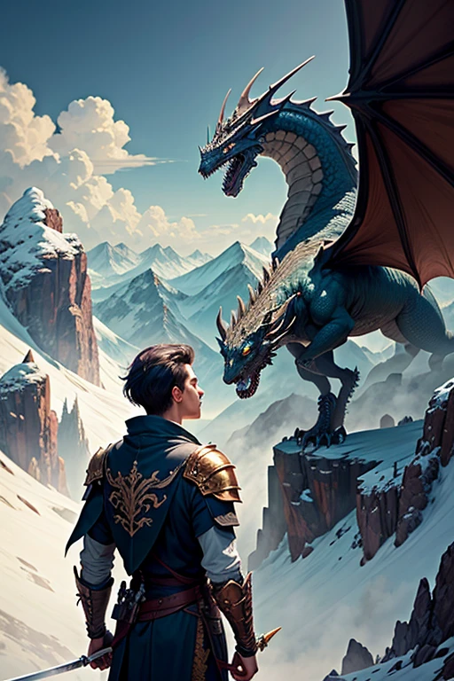 A young man and his dragon in the mountains observing the terrain. The young man is holding a sword and the dragon is behind him, detalles intrincados, Fantasy Art, Asombroso, arte premiado.