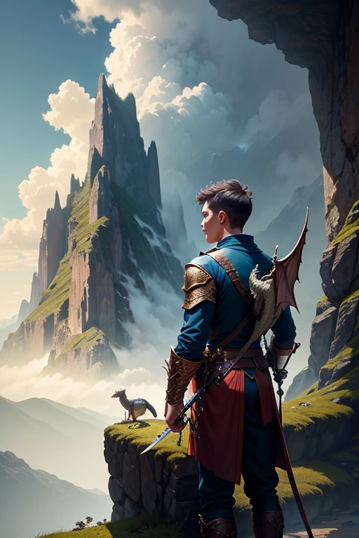A young man and his dragon in the mountains observing the terrain. The young man is holding a sword and the dragon is behind him, detalles intrincados, Fantasy Art, Asombroso, arte premiado.