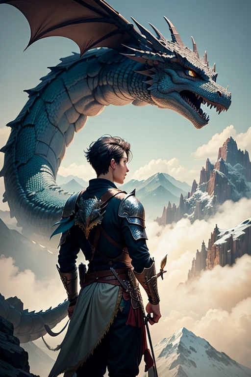 A young man and his dragon in the mountains observing the terrain. The young man is holding a sword and the dragon is behind him, detalles intrincados, Fantasy Art, Asombroso, arte premiado.
