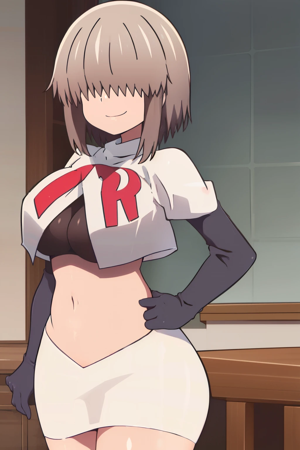 1girl, solo, smile, yanagi, short hair, bangs, shirt, grey hair, hair over eyes, long bangs, covered eyes, cowboy shot, large breasts, looking at viewer, team rocket,team rocket uniform,white skirt,crop top,black thigh-highs,black elbow gloves,
