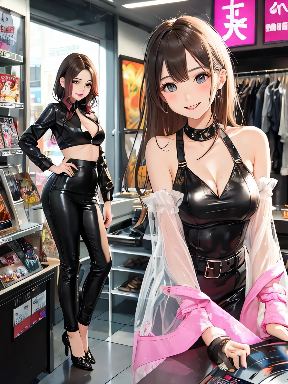 highest quality,High resolution, 8K,beautiful girl、smile、leather and vinyl products、leather or vinyl skirts and pants、Tops are、Create a sexy and edgy style。The shiny material is particularly eye-catching..。
See-through material items、See-through blouses and dresses、Showing your skin,、Gives a sexy and classy look。See-through designs on the chest and back styles are popular.。
Strap design items、Tops and bodysuits with lots of straps、that&#39;It is sexy and has the effect of emphasizing the body line..。