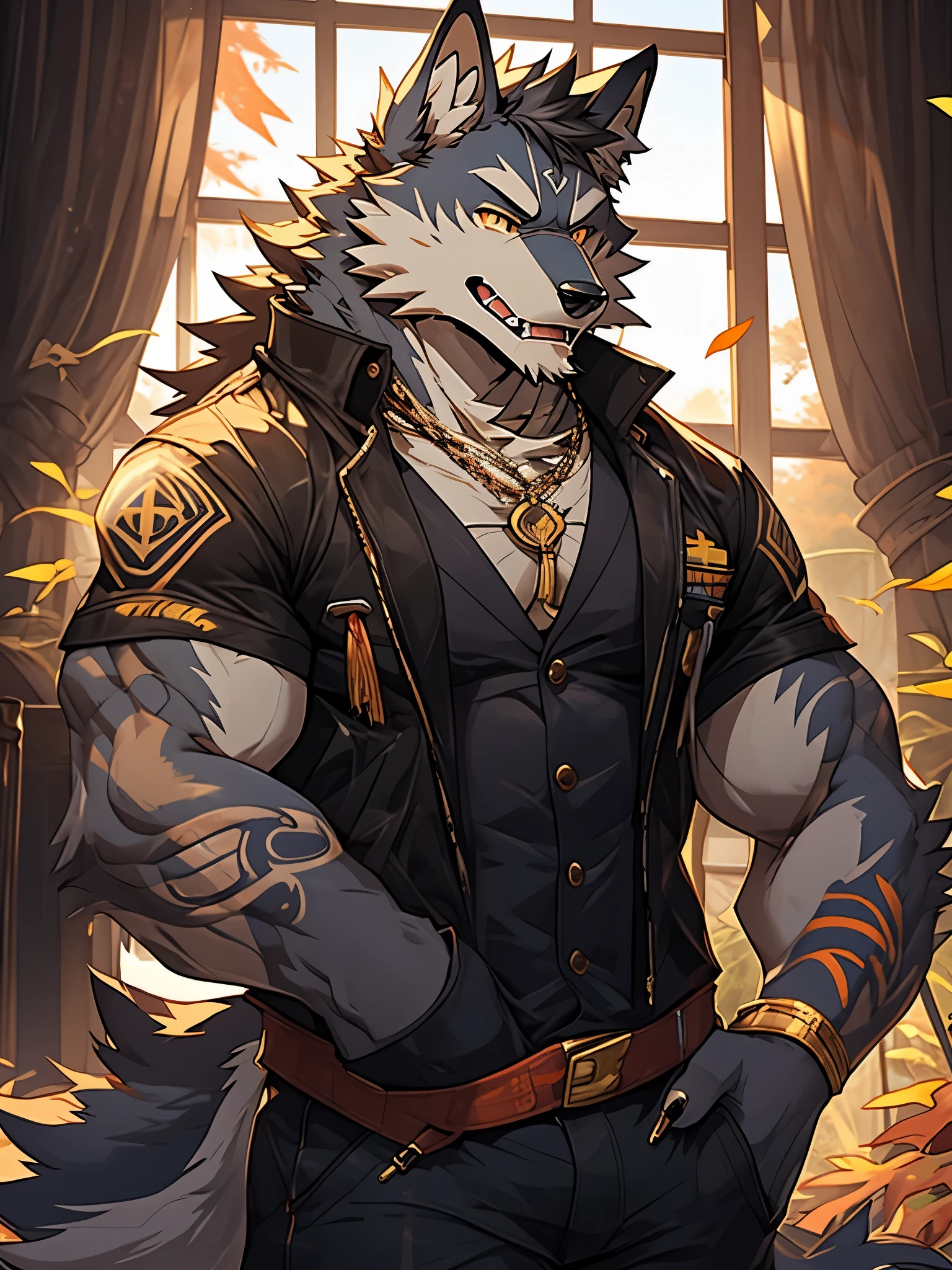 Wolf，Golden pupils，Sexy，Vest，gold tattoo，Clothes half open，slutty expression，fangs，autumn，thick thighs