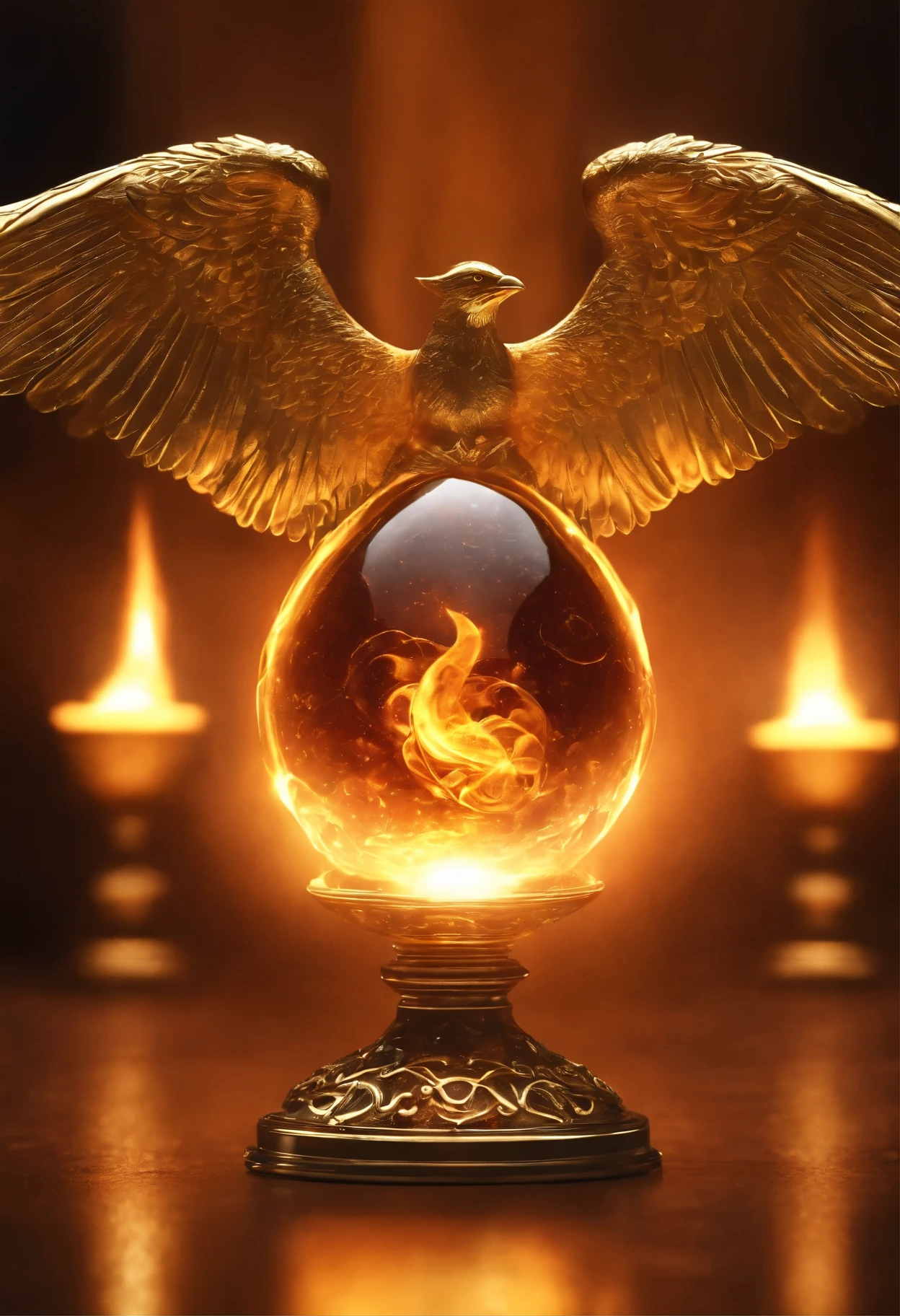 coulomb, necklace, inside there is a glass ball with a burning fire and gold leaf, Close-up of the amulet, Magic Frozen Ice Phoenix Egg, Magic amulet, 4k fantasy detail, Portal to the Realm of the Lost Flame, with fiery golden wings of flame, Magic Items, stone, glass and gold, The Art of the Holy Fire Spell, holy flame spell, with fiery golden wings