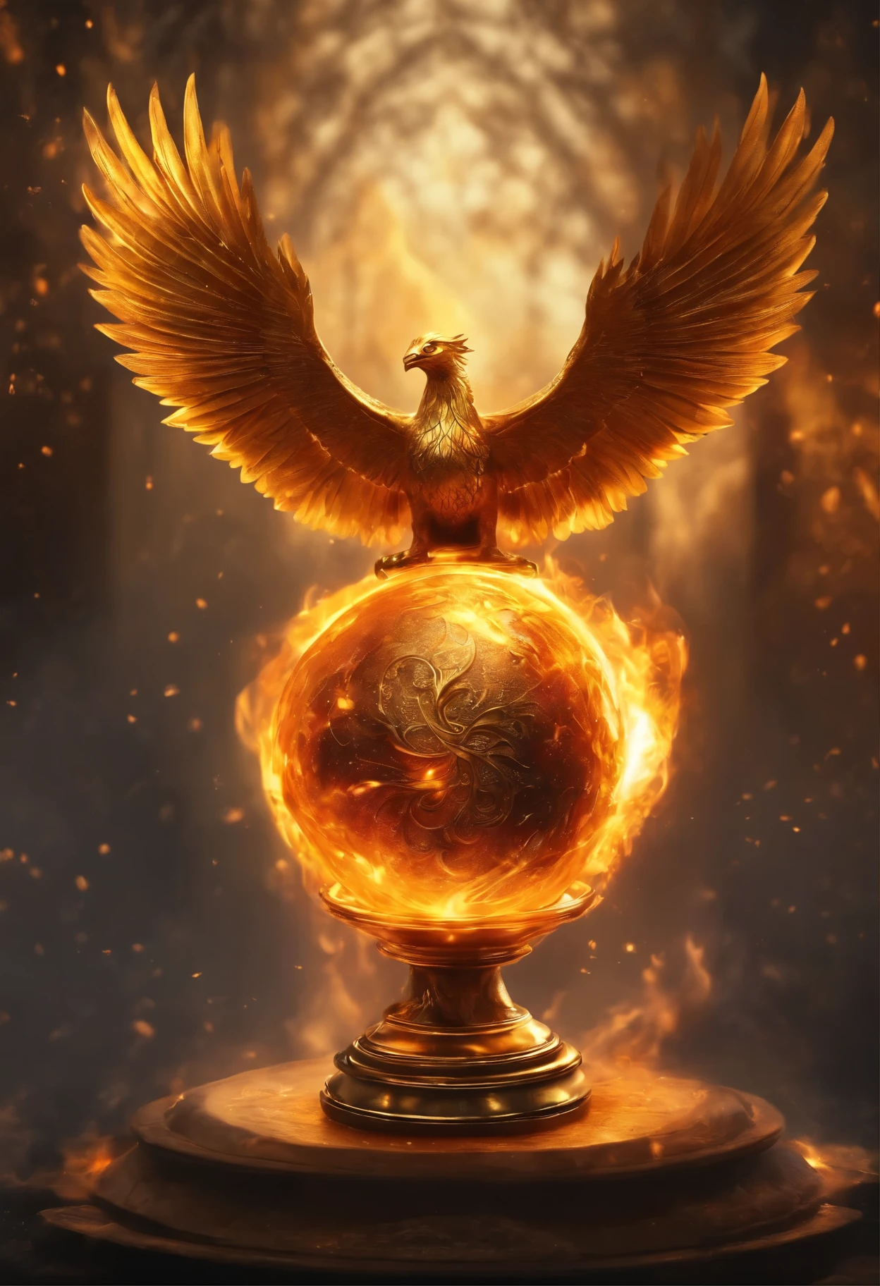 coulomb, necklace, inside there is a glass ball with a burning fire and gold leaf, Close-up of the amulet, Magic Frozen Ice Phoenix Egg, Magic amulet, 4k fantasy detail, Portal to the Realm of the Lost Flame, with fiery golden wings of flame, Magic Items, stone, glass and gold, The Art of the Holy Fire Spell, holy flame spell, with fiery golden wings