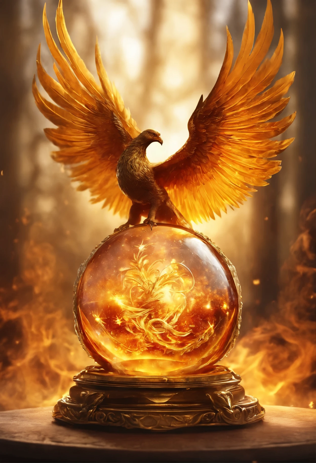coulomb, necklace, inside there is a glass ball with a burning fire and gold leaf, Close-up of the amulet, Magic Frozen Ice Phoenix Egg, Magic amulet, 4k fantasy detail, Portal to the Realm of the Lost Flame, with fiery golden wings of flame, Magic Items, stone, glass and gold, The Art of the Holy Fire Spell, holy flame spell, with fiery golden wings