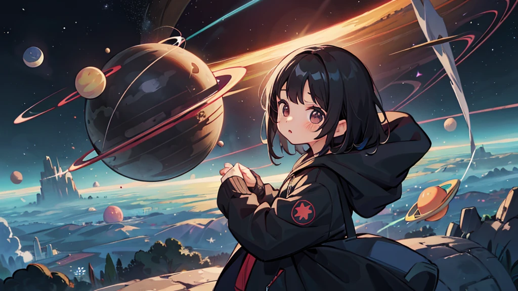 (1 girl, black hair, black hoodie), (universe, various planets)