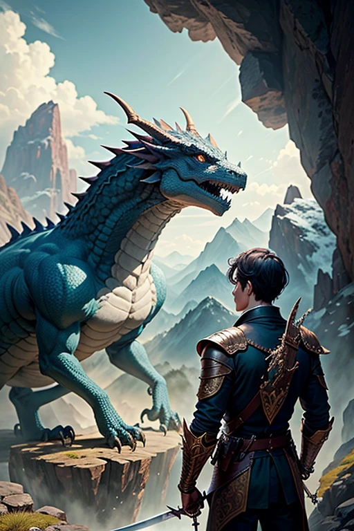 A young man and his dragon in the mountains observing the terrain. The young man is holding a sword and the dragon is behind him, detalles intrincados, Fantasy Art, Asombroso, arte premiado.
