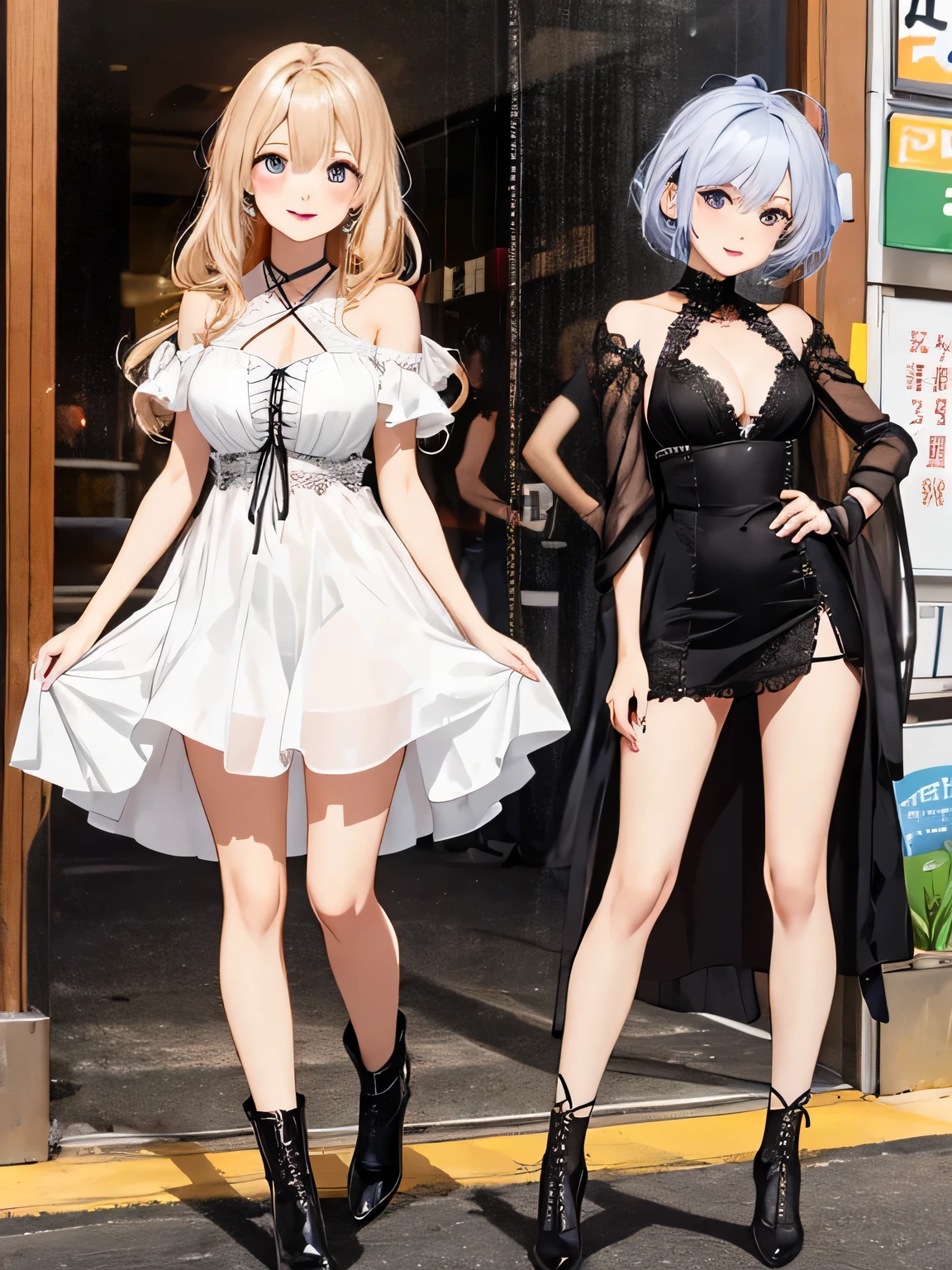 highest quality,High resolution, 8K,beautiful girl、cute hairstyle、flashy hair color、smile、bodycon dress、Tight dress that emphasizes your body line、Creates a sexy and feminine silhouette。especially、Popular designs that expose the decolletage and legs.。
lace up boots、lace up heel boots、Gives a sexy and bold look。太ももまでの長さのブーツはespecially注目を集めることがあります。See-through material items、See-through blouses and dresses、Showing your skin,、Gives a sexy and classy look。See-through designs on the chest and back styles are popular.。
