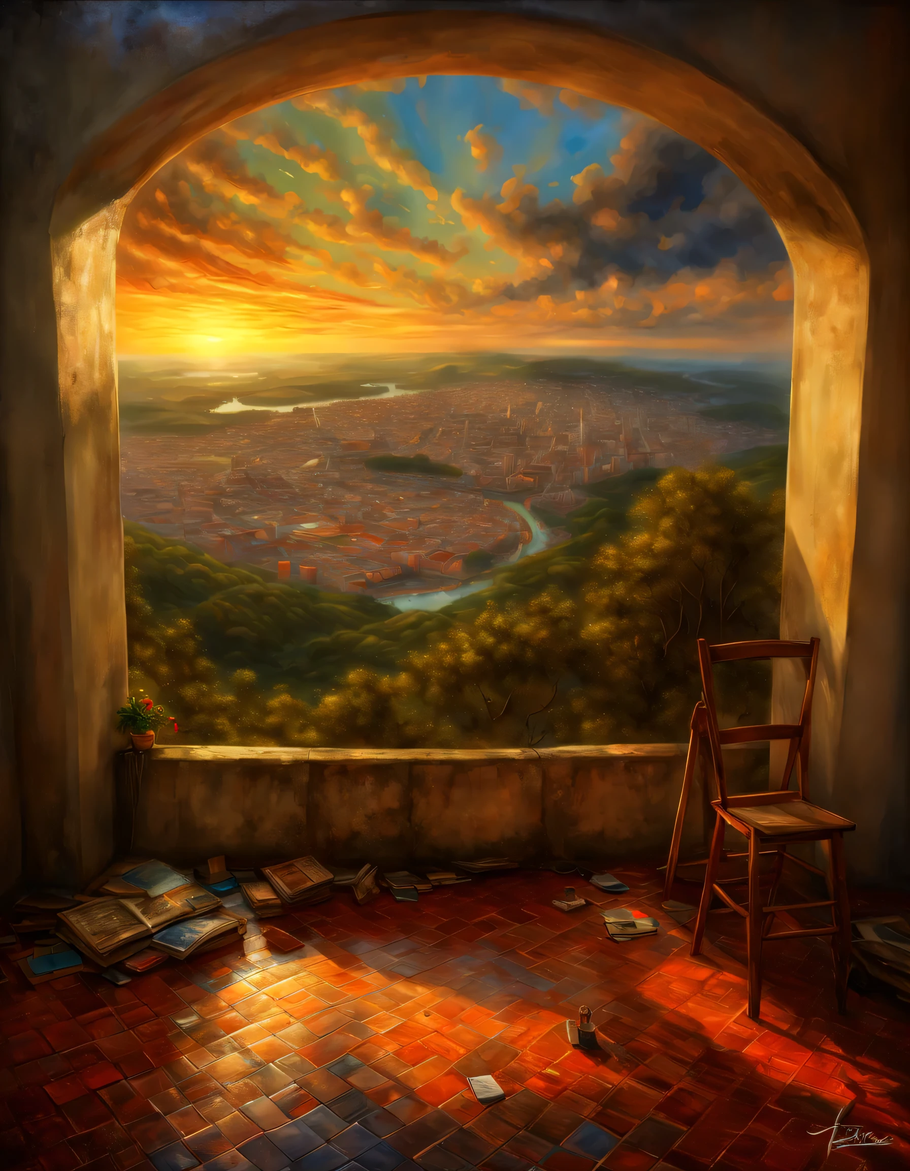 (melhor qualidade, HDR, high resolution, realista:1.37), pintura detalhada, artistas conceituais, poetic, majestoso, Sereno, cores elegantes, soft lighting, peaceful atmosphere, pinceladas sutis, movimento gracioso, Piso inundado, teto de vidro, Miradouro no andar de cima com parapeito, trees, videiras,