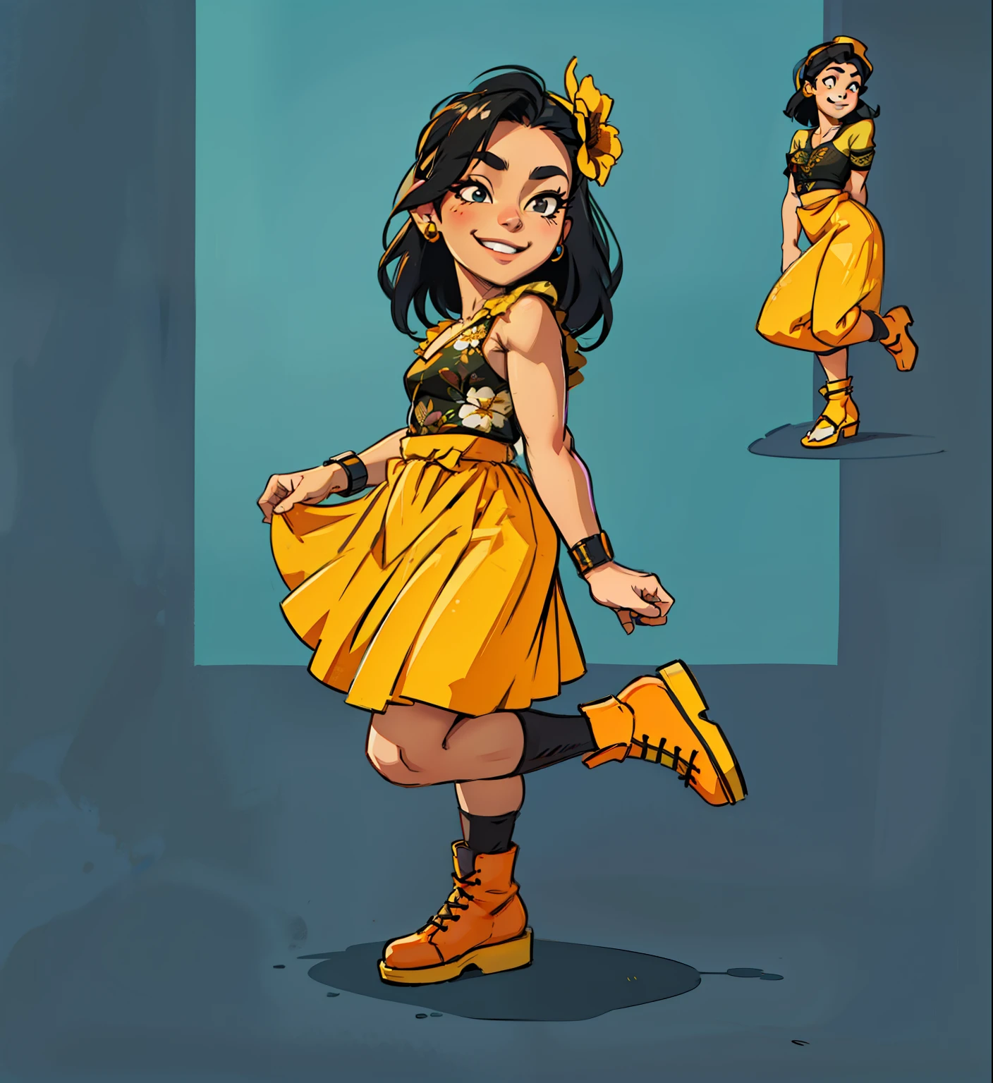 Mulher, estilo dos desenhos animados, saia amarela, black pants, camisa floral, bota marrom, sorrindo, pixar style.