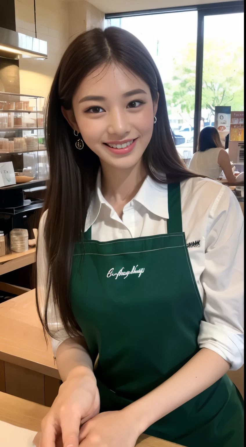 (highest quality、Tabletop、8k、Best image quality、Award-winning works)、a woman working at a convenience store、(The most natural and perfect plain green simple apron:1.3)、(Simple green apron:1.2)、Classy shirt、(Big Breasts:1.1)、(Accentuate your body lines:1.1)、(Standing Elegantly:1.1)、Beautiful woman portrait、The most natural and perfectly organized convenience store、There are convenience store shelves in the background.、Perfectly organized shelves、Shelves lined with products made from natural materials、(very bright and vivid:1.2)、Strongly blurred background、Look at me and smile、(Accurate anatomy:1.1)、Ultra high resolution perfect beautiful teeth、Ultra-high definition beauty face、Ultra HD Hair、Ultra HD Shining Eyes、(輝く超高解像度の明るくGlowing Beautiful Skin:1.3)、(Glowing Beautiful Skin:1.2)、Super high quality glossy lip