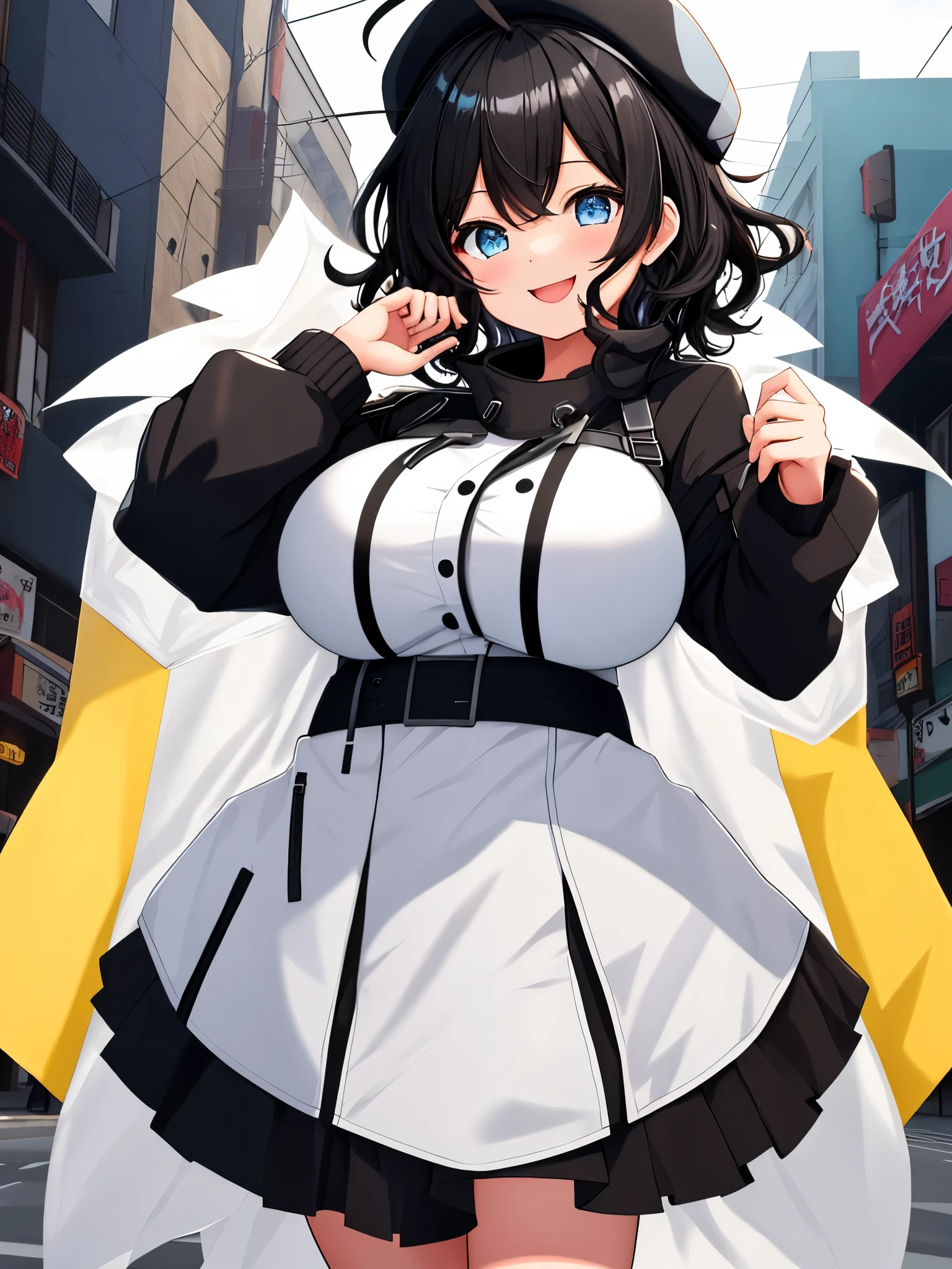 , looking at the viewer, walk around town、1 girl, open your mouth, smile, Virtual YouTuber、with a girl、((highest quality, expensive_solve, clear_image)),(black hair), (Ahoge), (ridiculously short hair), (wavy hair), (blue eyes),、laughter、very big breasts、wore a coat、Wearing a beret