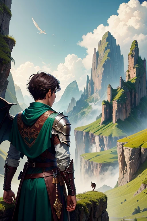 A young man and his dragon with green wings in the mountains observing the terrain. The young man is holding a sword and the green dragon is behind him, detalles intrincados, Fantasy Art, Asombroso, arte premiado.