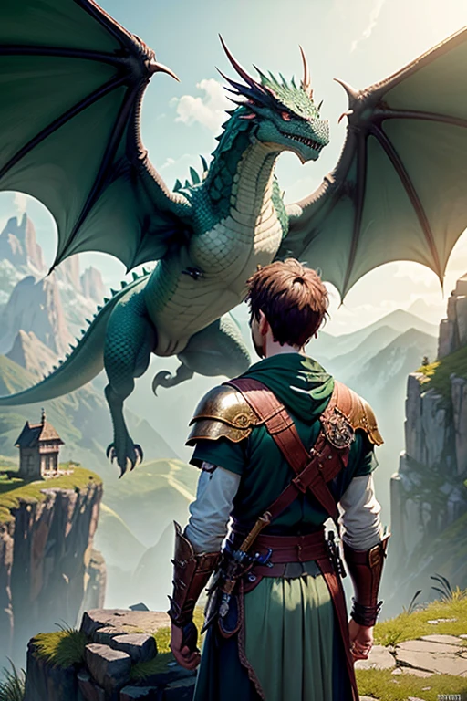 A young man and his dragon with green wings in the mountains observing the terrain. The young man is holding a sword and the green dragon is behind him, detalles intrincados, Fantasy Art, Asombroso, arte premiado.