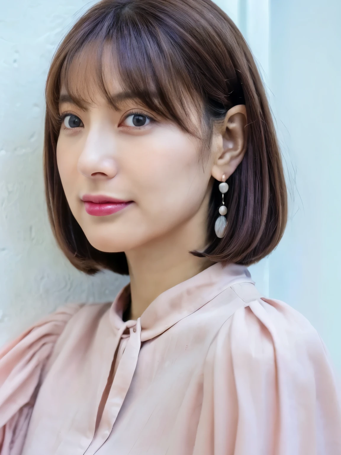 (8K、RAW photo、highest quality、masterpiece:1.2)、High-definition RAW color photo、professional photos、(realistic、photo realistic:1.37)、cinematic light、1 girl、laughter、white wall、Taken in front of the white door、(窓のあるwhite wallの部屋)、Versatile poses、Winter clothes、simple necklace、(Beautiful profile:1.3)、Don't look at the camera、profile、bob、bobヘア、bob cuts、((Light dull pink and dark hair color))、ロングbob、profile、normal detailed eyes、dark brown eyes、earrings、(pastel long sleeve blouse)