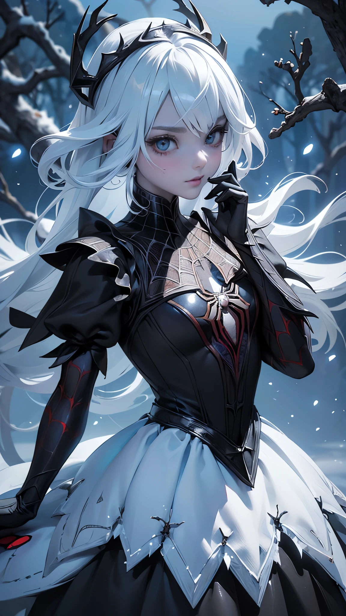 (La mejor calidad,A high resolution,Ultra - detallado,actual),El blanco,Un mundo cubierto de plata, ramas cubiertas de nieve, toque chill de invierno, Los copos de nieve bailan como elfos,(spider-girl negro:1.4) Convierte el mundo en un cuento de hadas plateado, chill, Escena de nieve tranquila y hermosa., Acogedor Tranquilo, (seaArt 2.1), (background frozen white trees snow falling:1.4) , (hermosos ojos azules),  (fondo piedras grandes  negro:1.4) , (pose vaquero ), (realistic) ,Arte detallado de alta calidad 8K, Fanart Mejor ArtStation, Fantasy art style, (spider-girl negro lolita corto transparente:1.4)