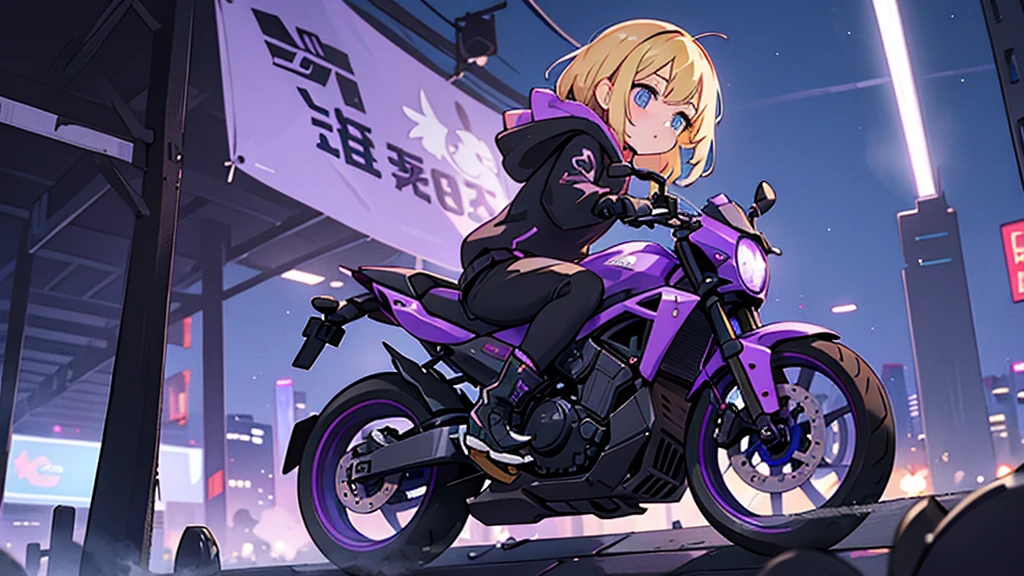 (1 girl, blonde hair, blue eyes, black hoodie, black skirt), (purple sport bike), (purple cyberpunk, night city, purple neon)