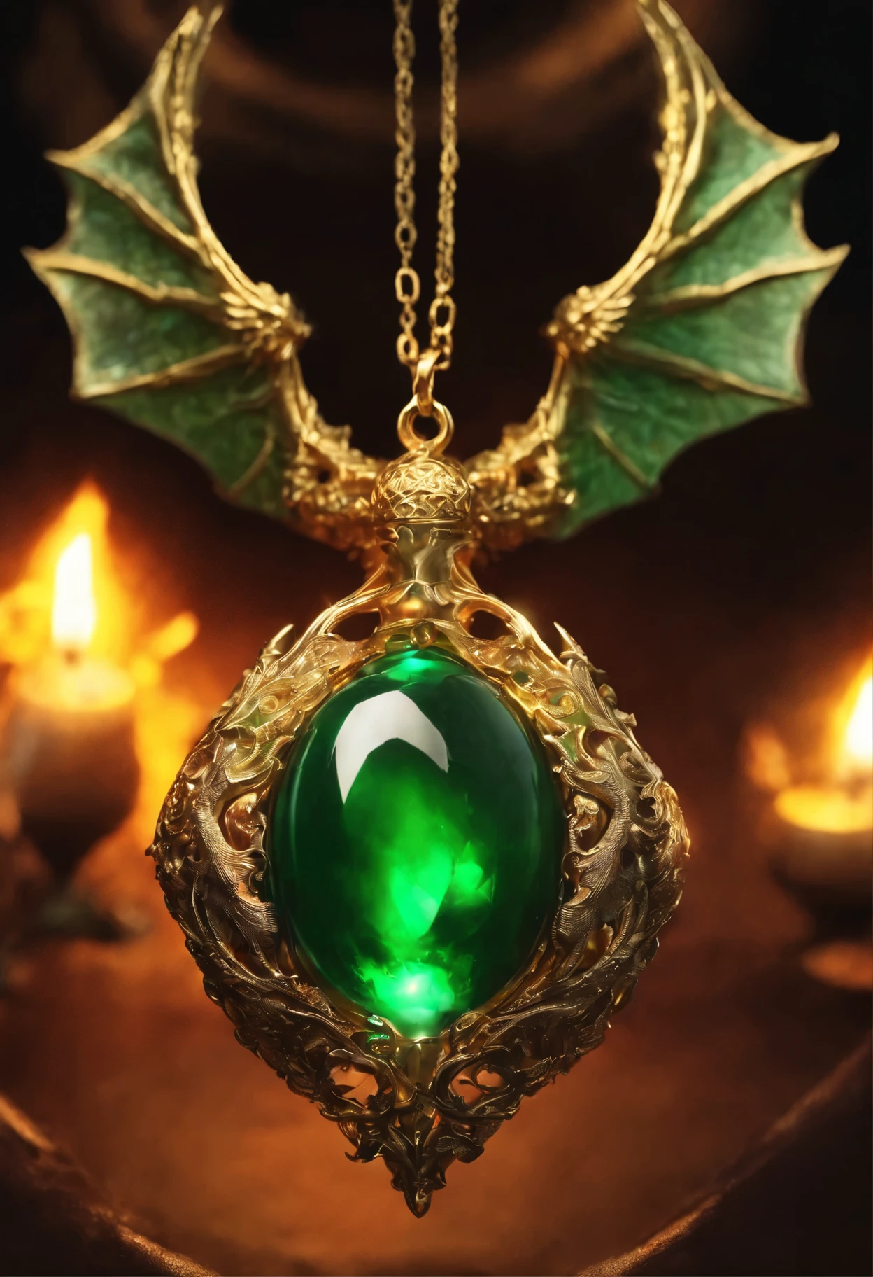 coulomb, necklace, inside there is a glass ball with a burning fire and gold leaf, Close-up of the amulet, Magic Frozen Green Dragon Egg, Magic amulet, 4k fantasy detail, Portal to the Realm of the Lost Flame, with fiery golden dragon wings of flame, Magic Items, stone, glass and gold, The Art of the Holy Fire Spell, holy flame spell, with fiery golden dragon wings,