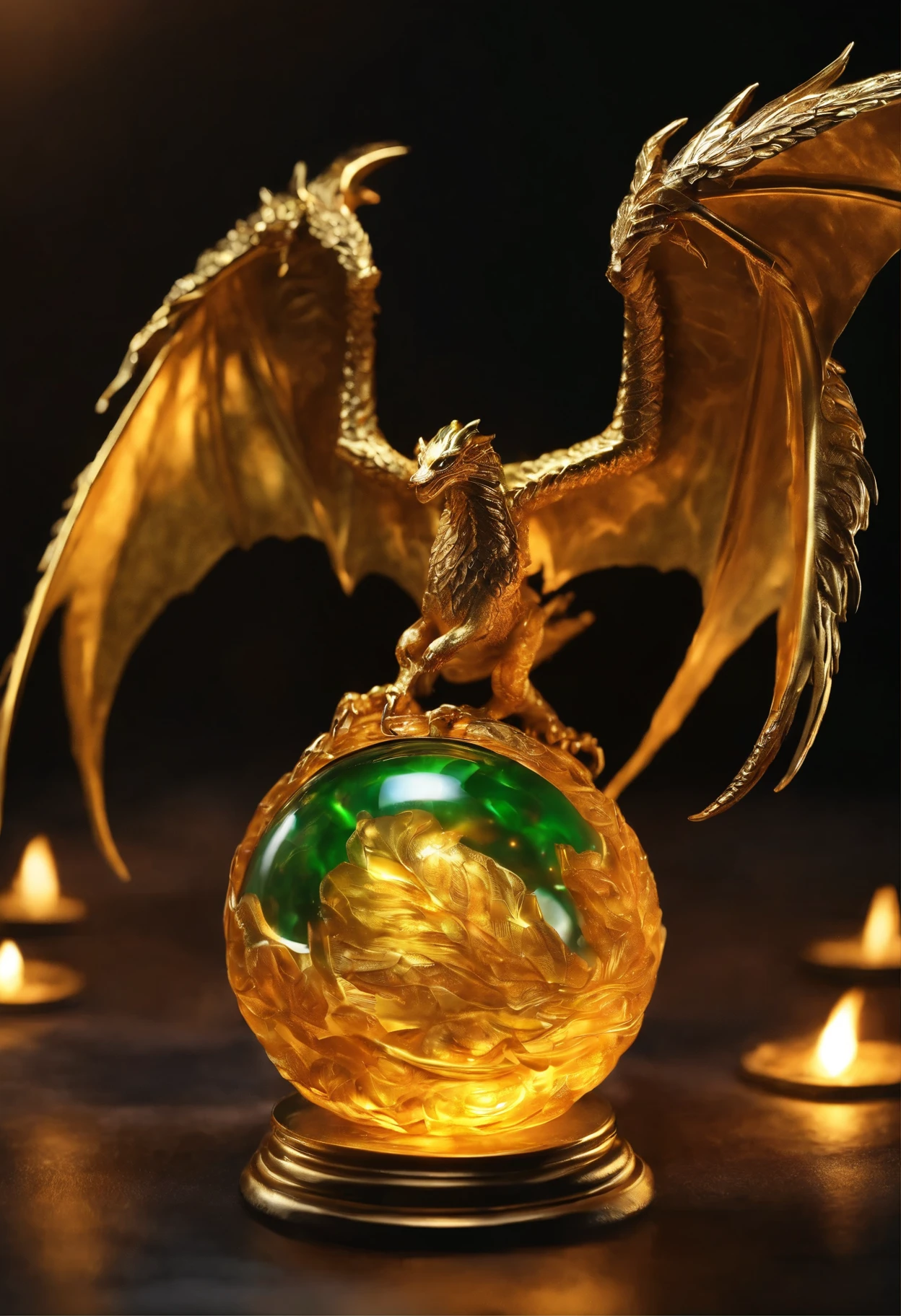 coulomb, necklace, inside there is a glass ball with a burning fire and gold leaf, Close-up of the amulet, Magic Frozen Green Dragon Egg, Magic amulet, 4k fantasy detail, Portal to the Realm of the Lost Flame, with fiery golden dragon wings  of flame, Magic Items, stone, glass and gold, The Art of the Holy Fire Spell, holy flame spell, with fiery golden dragon wings, 