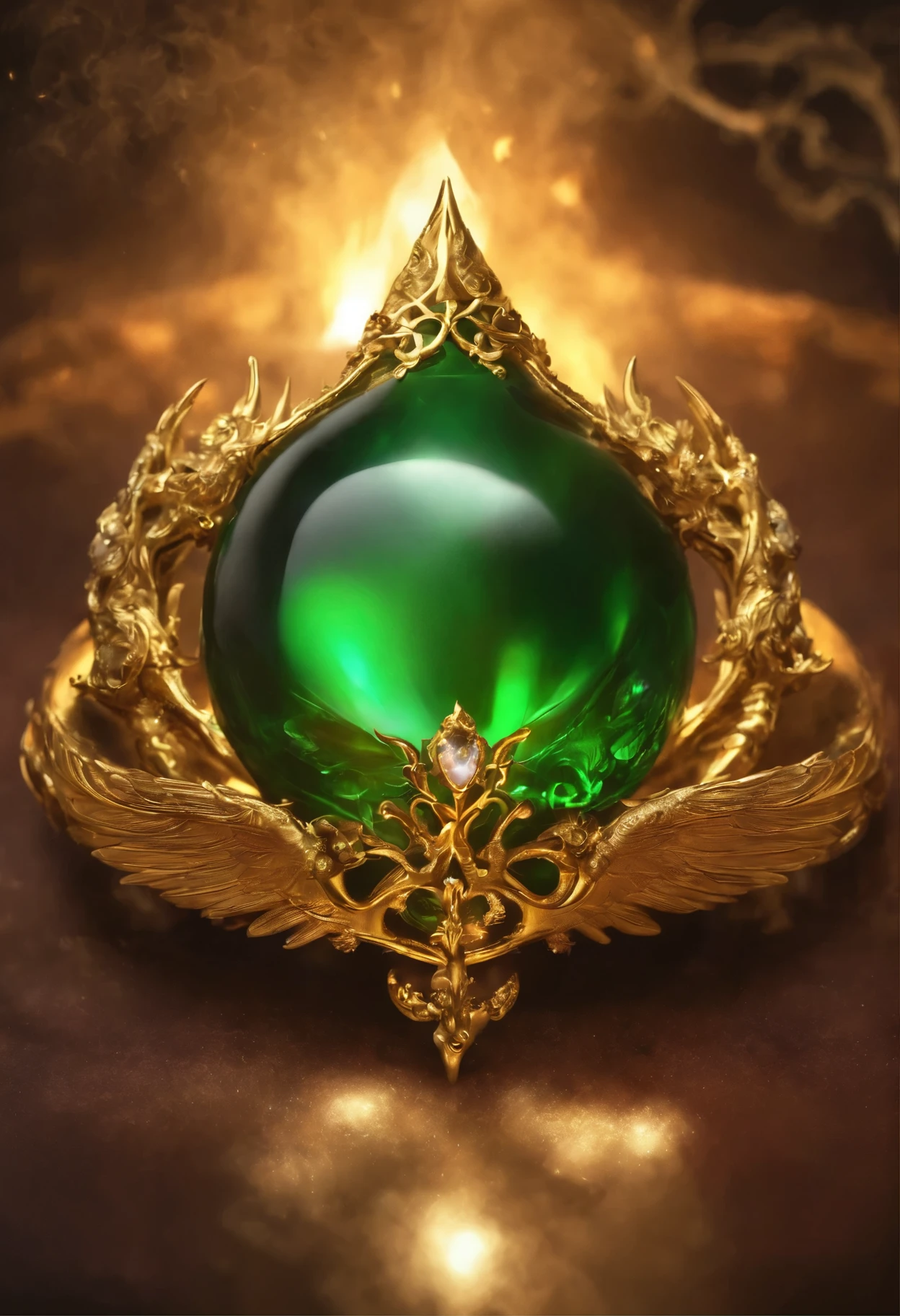 coulomb, necklace, inside there is a glass ball with a burning fire and gold leaf, Close-up of the amulet, Magic Frozen Green Dragon Egg, Magic amulet, 4k fantasy detail, Portal to the Realm of the Lost Flame, with fiery golden dragon wings of flame, Magic Items, stone, glass and gold, The Art of the Holy Fire Spell, holy flame spell, with fiery golden dragon wings,