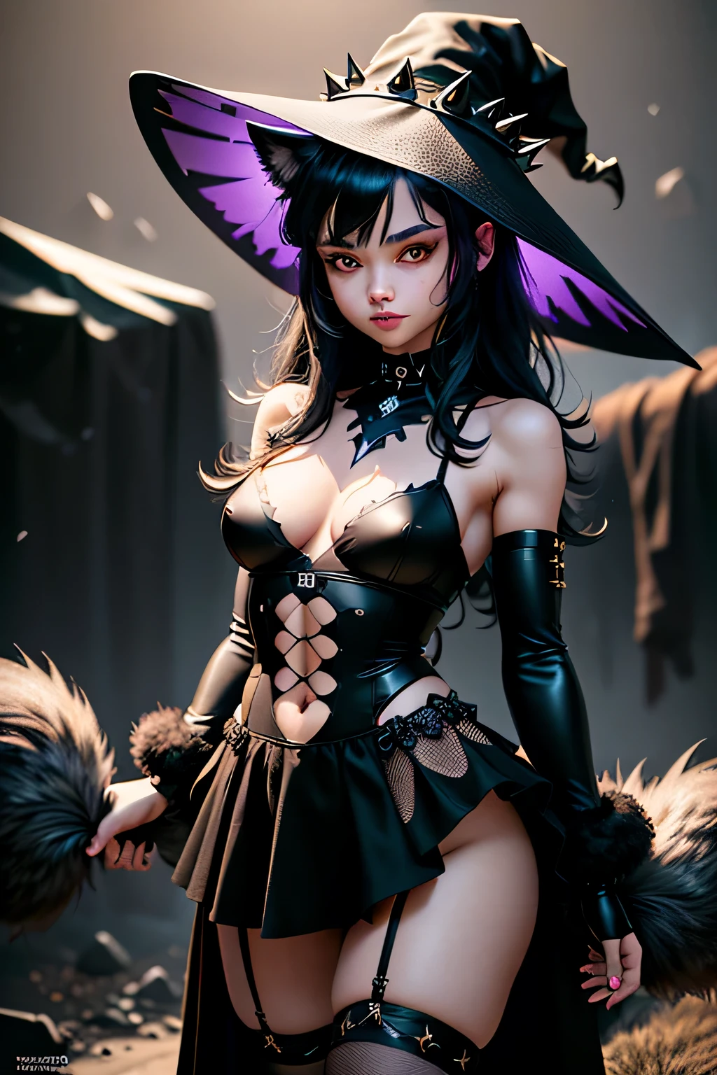 Granular, very detailed, intricate details, dynamic lighting, realism, cinematic, natural lighting, m0nst3rfy3, tiger cub, golden glowing eyes, :P, (fluffy: 1.2), furry girl, wolf, black hair, punk hairstyle, long spiky hair, anime style, small breasts, red eyes, black witch tunic, open clothes, black gothic bra, black skirt, witch hat, net tights, dark castle, night sky, high quality, detailed body, detailed eyes, detailed face, masterpiece, glistening body, detailed body fur, best quality, two tone body, gray fur, clear gray fur, skinny, magic purple fire particles, cross arms, sassy face, :3,