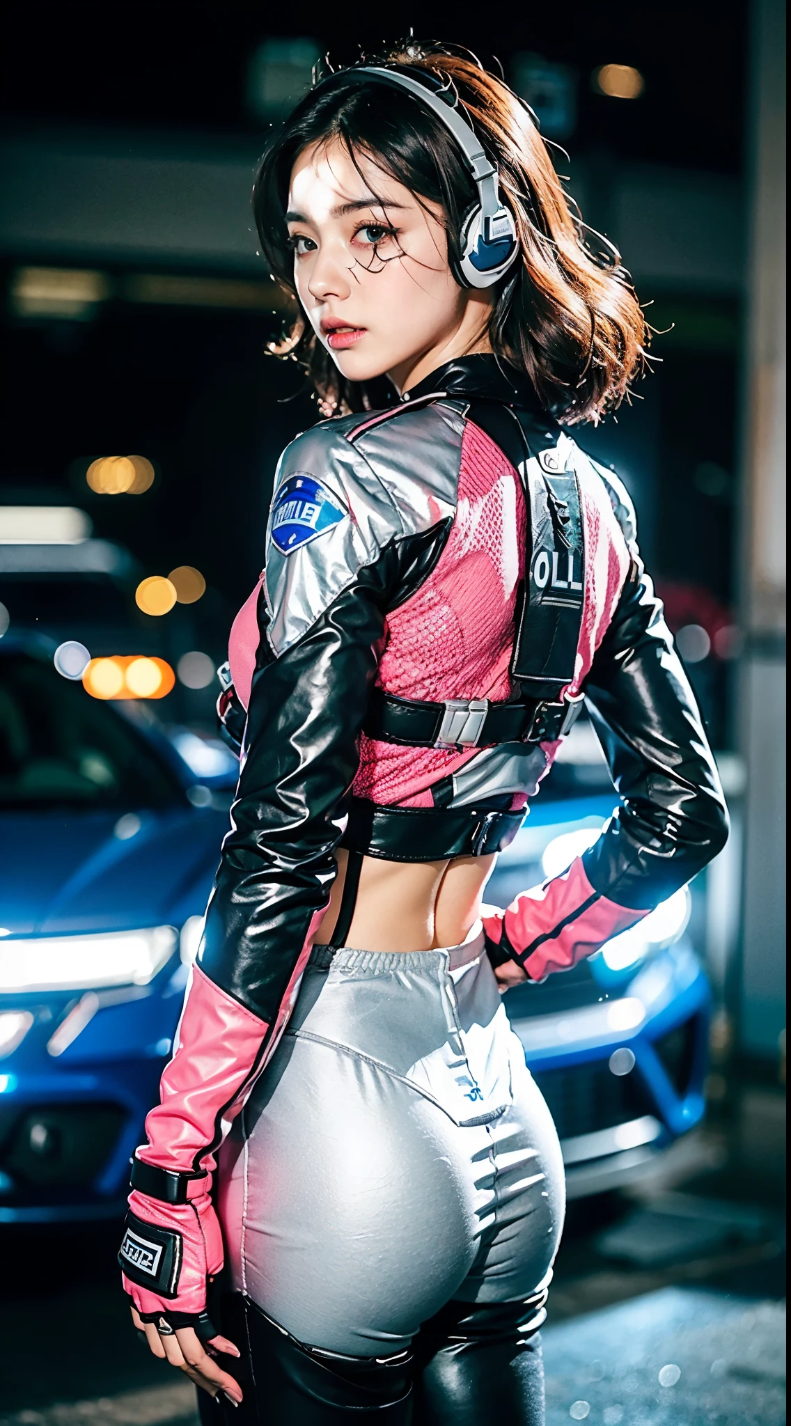 Top Quality, Ultra High Definition, (backlight), (Photorealistic: 1.4), (front shot:1), 1 Beautiful Girl, (Kpop Idol), Detailed Face, (Hair Style: Pink:1, fullbang, wavy-hairstyle:1), Contrapposto, Perfect Anatomy, muscular and plump:0.5, wavy hair, Professional Lighting, ((wearing Futuristic Police Racing Suits, police wappen, High-tech Headset, military harness, racing gloves, handgun)), outside honey wavy hairstyle, ("POLICE", Cloths colors based on silver pink black white), (background, crashed abandoned machines, smokes,