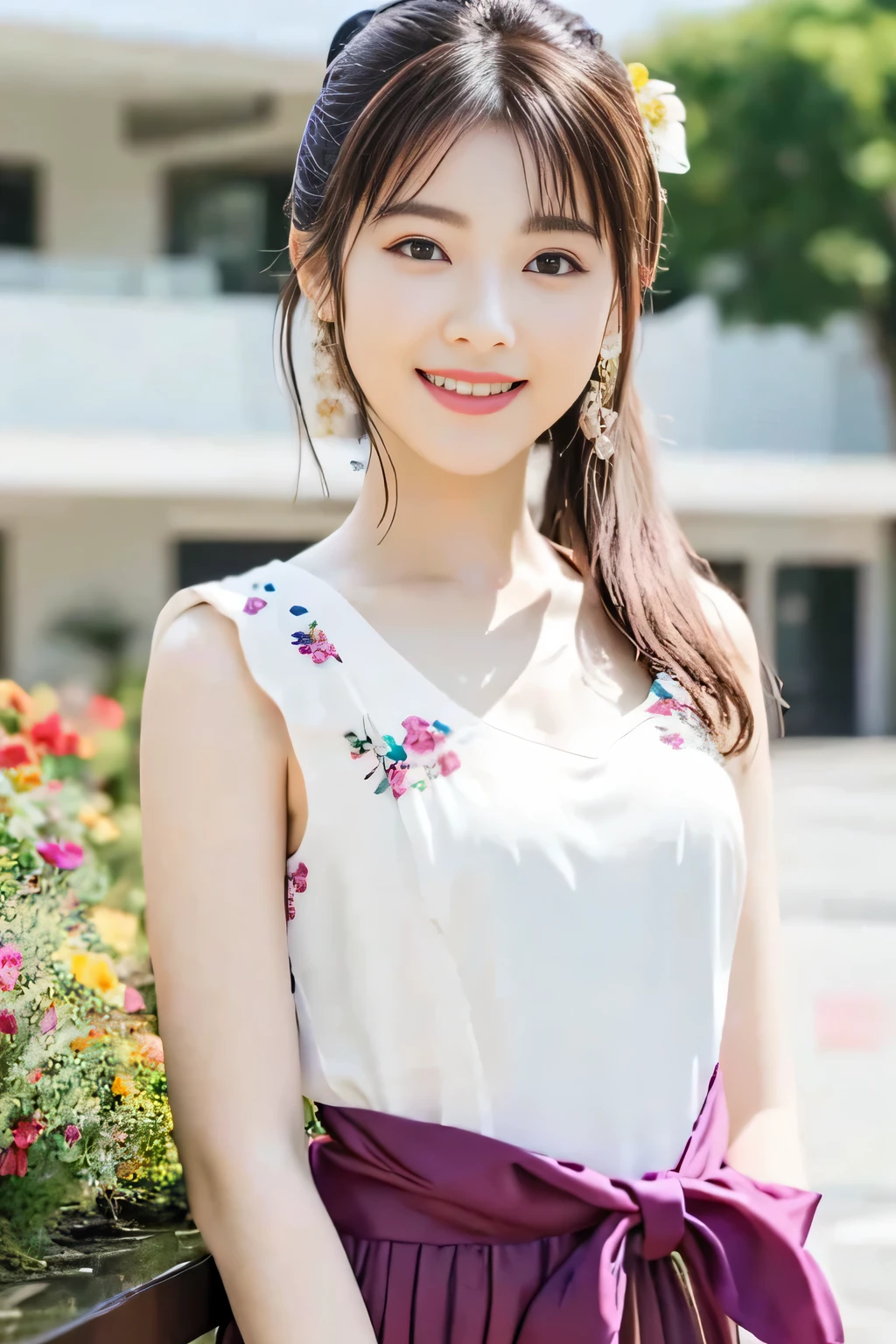 (masterpiece) Sexy and stunningly beautiful photorealistic depictions (18 year old female) Exude confidence and joy (colorful, Sophisticated fine floral summer dress uniform) With a dazzling smile and grace (ponytail). small breasts, flat chest. Happy, dynamic. Radiant smile.