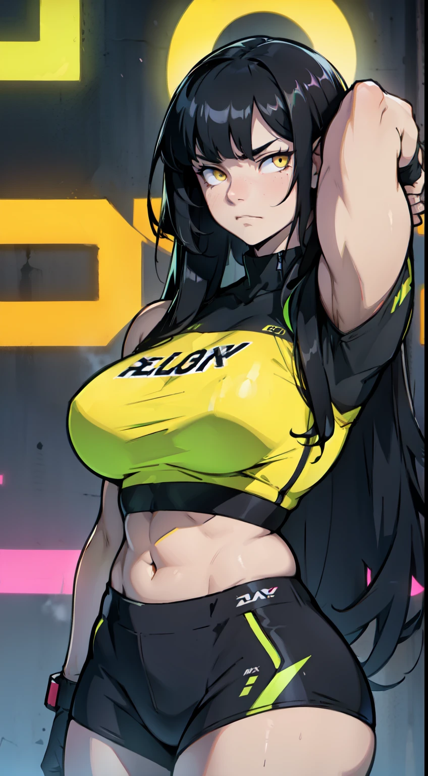 sad pale muscular girl massive breasts hair black hair yellow eyes extremely long hair sad neon clothes