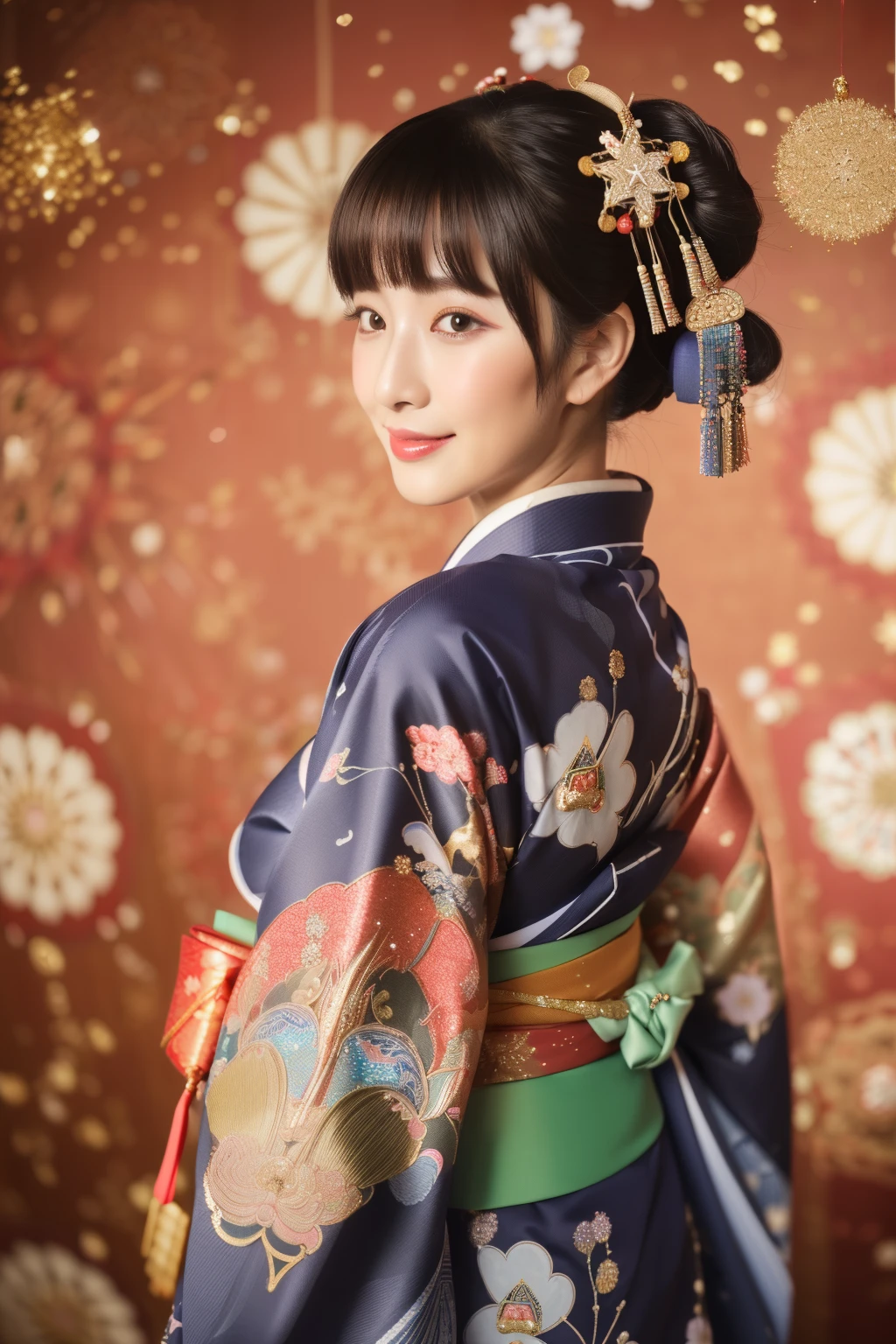 ((Masterpiece, highest quality, super definition, high resolution)), ((cowboy shot | looking back:1.3)), (1 slender woman of Japan, 24 years old), sony a7, Film grain, a dark night, Photorealistic, one-point perspective, diffuse reflection, colorful shiny particles, Lens Flare, Soft lighting, seductive smile, Dark Brown Hair, ((Hair up)), bulge, BREAK ((Wearing a Rinpa kimono that uses a lot of glittering golden:1.5)), ((The main color is golden and the Rinpa Kimono has very colorful embroidery:1.2)), (elaborately made classical Japanese Rinpa-style Kimono), ((The embroidery pattern is a peacock, a running water pattern, and colorful flowers):1.2), ((elaborately and elegantly decorated Golden Kimono)), (red_color Fine Floral Pattern:1.4), (Fine hair ornaments:1.3), Ultra Detailed Face, Detailed Eyes, Double Eyelids, Wearing a traditional patterned Japan kimono:1.3, Huge breast(red_color background:1.3), (Random Japanese Pattern Background:1.4), (gradation:1.3), High Quality, 4K,