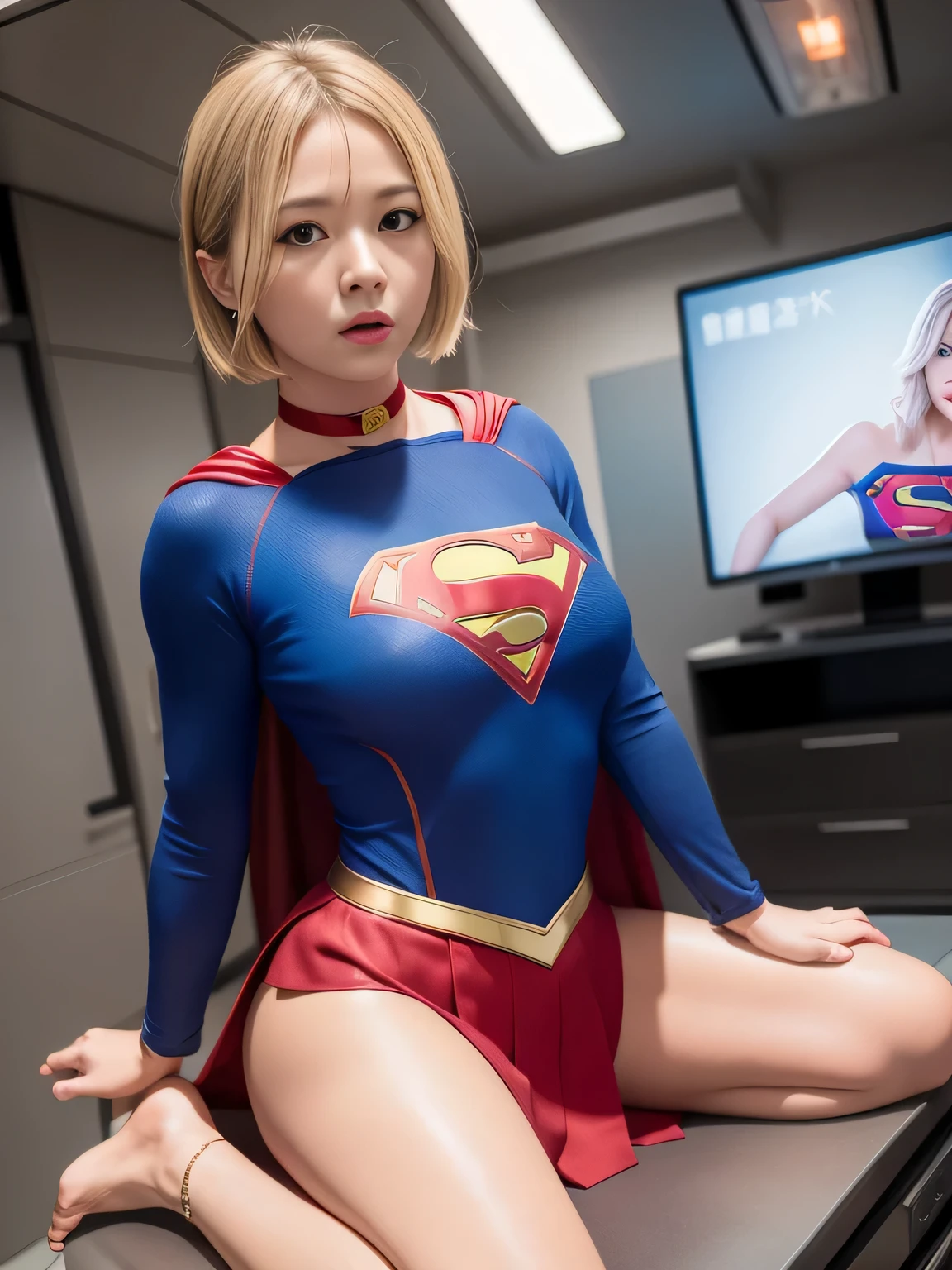 master piece,Supergirl costumes, short hair, barefoot, big and full breasts,operating room、operating table、straddle、corrupted、shiny、look at the camera、choker、long sleeve、red mini skirt