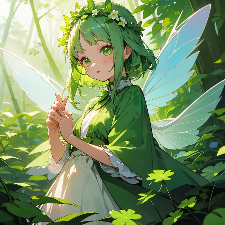 1 girl,5 ,green hair,green eyes,sparkling eyes,green furifuri dress,transparent blue-green fairy wings,flower crown,forest fairy,cute,young,Clover,leaf,plant,fantastic bright forest,secret flower garden,high quality,high resolution