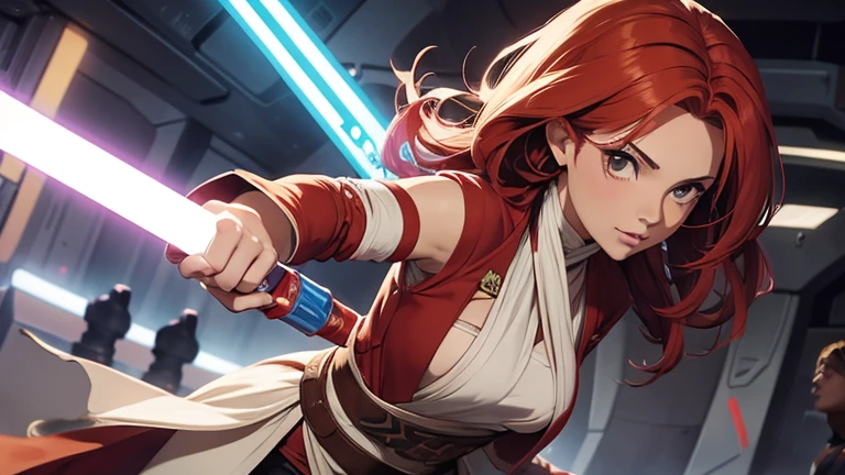mujer pelirroja siendo una jedi
