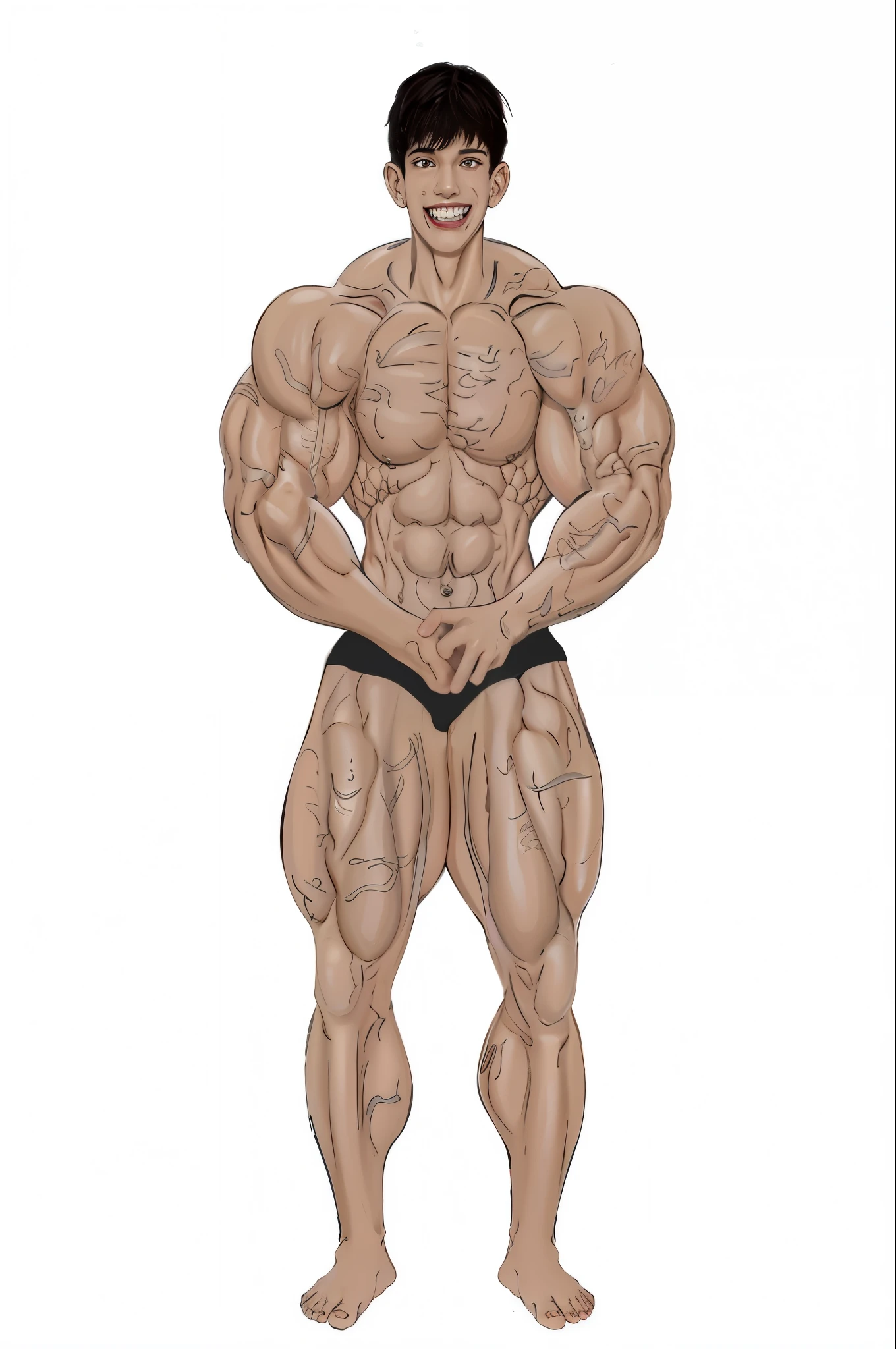Jovem boy lindo rosto delicado coreano arafiado com corpo musculoso e faixa preta, exaggerated physique, exaggerated muscular physique, big muscles, fisiculturista body, exaggeratedly large physique, muscular character, big muscles, big muscle, corpo inteiro altamente detalhado, foto de corpo inteiro, exaggerated muscles, fisiculturista, muscular!!, huge muscles, fisiculturista physique, parte superior completa do corpo