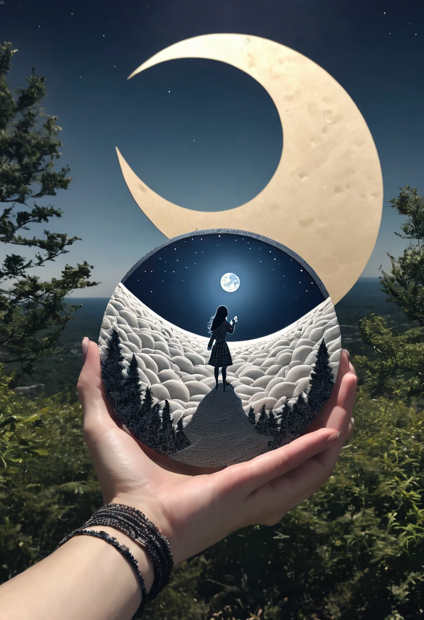 optical illusion, a girl in the distance, it seems that she is holding the moon in her hands, distant shot and close shot, optical illusion, zentangle, origami, cinematic, fused planes creating an optical illusion, heaven and earth merged with each other,