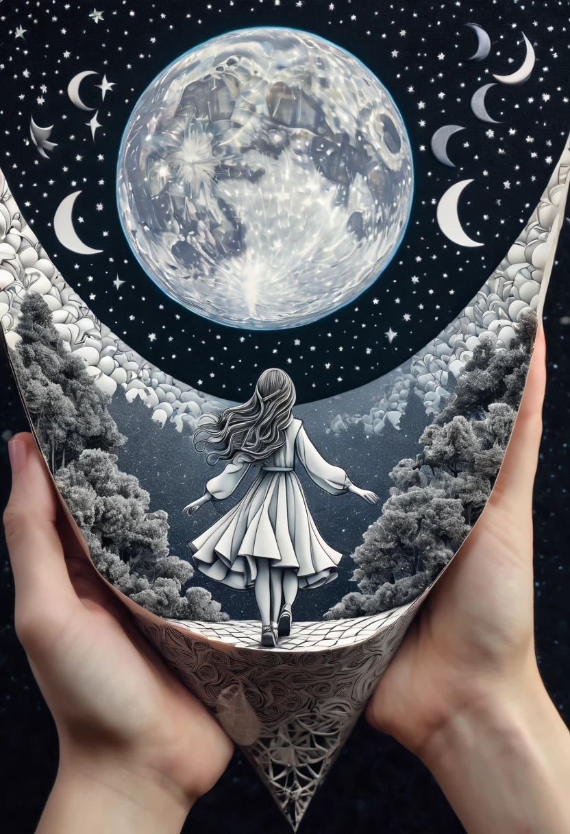 optical illusion, a girl in the distance, it seems that she is holding the moon in her hands, distant shot and close shot, optical illusion, zentangle, origami, cinematic, fused planes creating an optical illusion, heaven and earth merged with each other,
