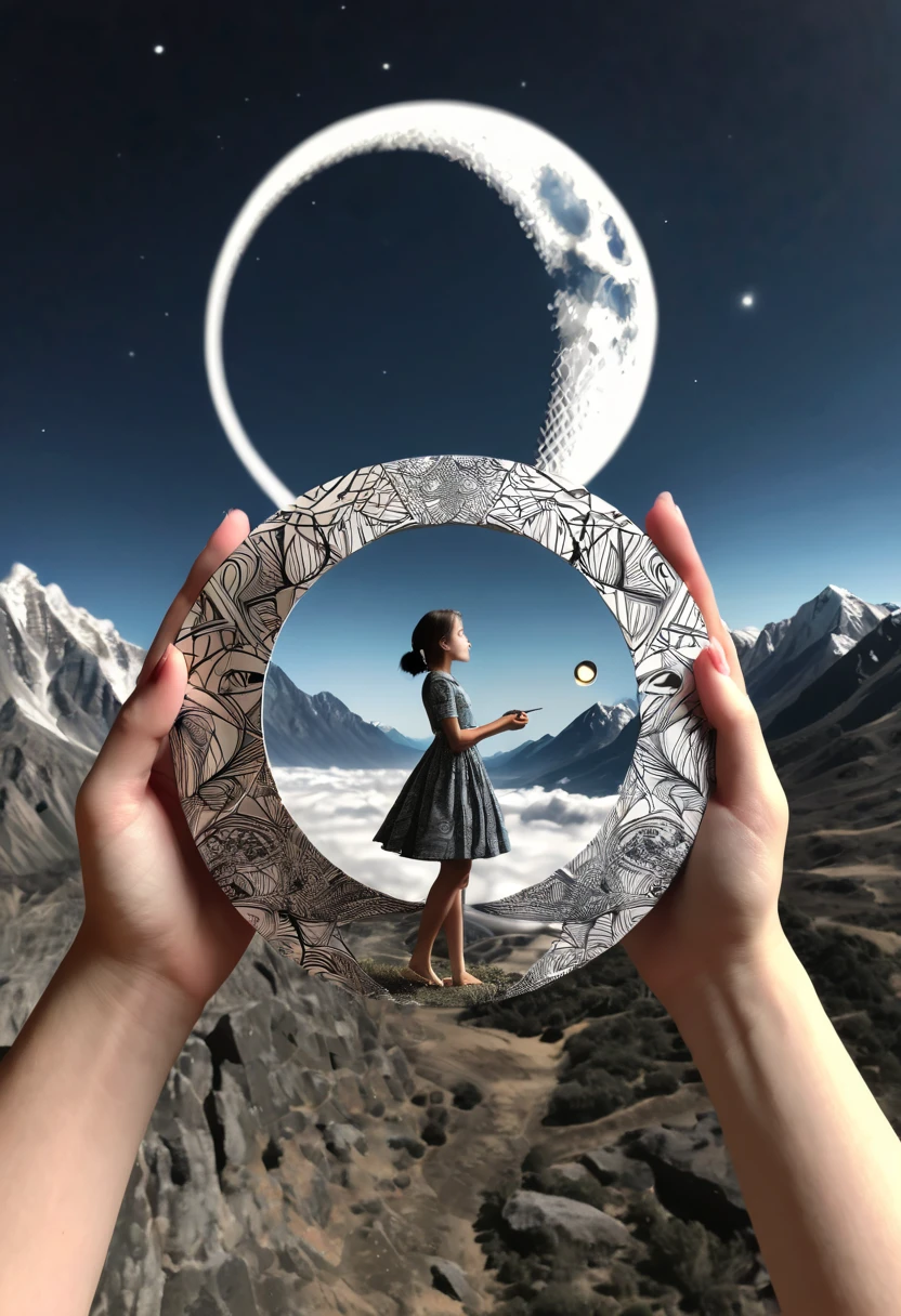 optical illusion, a girl in the distance, it seems that she is holding the moon in her hands, distant shot and close shot, optical illusion, zentangle, origami, cinematic, fused planes creating an optical illusion, heaven and earth merged with each other,