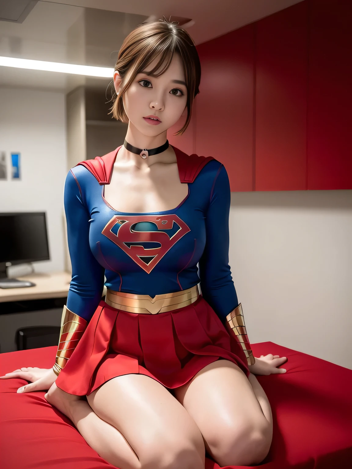 master piece,Supergirl costumes, short hair, barefoot, big and full breasts,operating room、operating table、straddle、corrupted、shiny、look at the camera、choker、long sleeve、red mini skirt