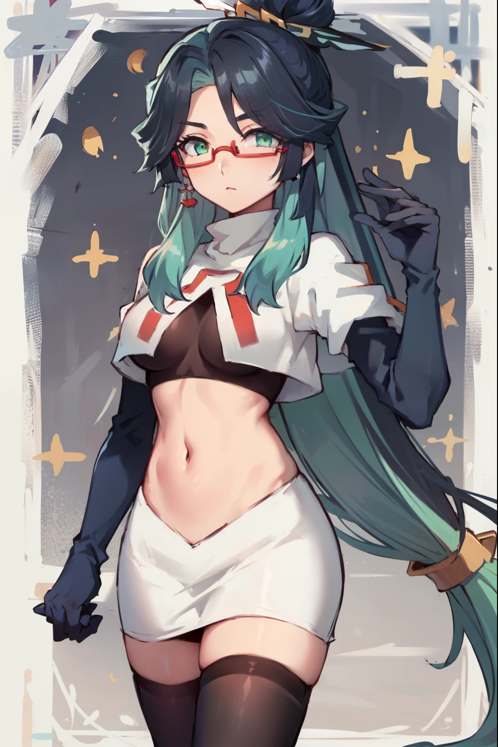 2d, masterpiece, best quality, anime, highly detailed face, perfect lighting, long hair, ponytail, multicolored hair, black hair, bangs, glasses, semi-rimless eyewear, earrings, green hair, hair ornament, jewelry, red-framed eyewear, green eyes, team rocket,team rocket uniform,white skirt,red letter R,crop top,black thigh-highs,black elbow gloves,