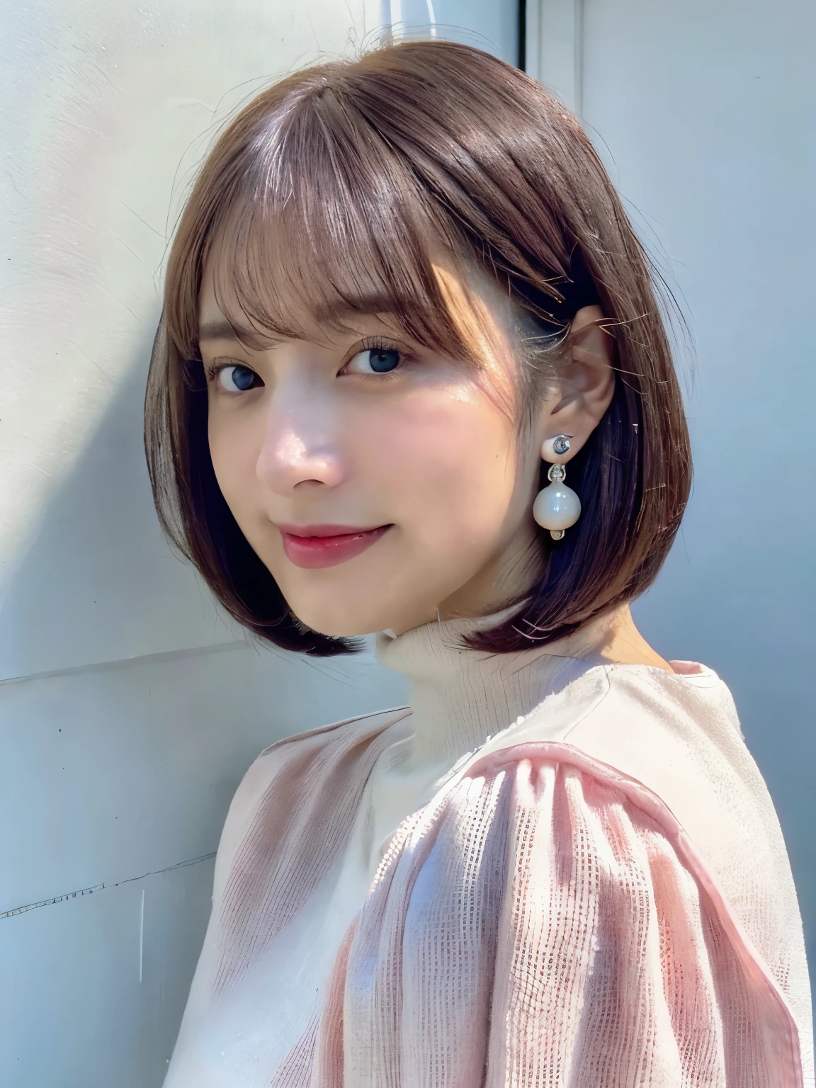 (8K、RAW photo、highest quality、masterpiece:1.2)、High-definition RAW color photo、professional photos、(realistic、photo realistic:1.37)、cinematic light、1 girl、laughter、white wall、Taken in front of the white door、((窓のあるwhite wallの部屋))、Versatile poses、Winter clothes、simple necklace、(Beautiful profile:1.3)、Don't look at the camera、profile、bob、bobヘア、bob cuts、((Light dull pink and dark hair color))、ロングbob、profile、normal detailed eyes、dark brown eyes、earrings、(pastel long sleeve blouse)